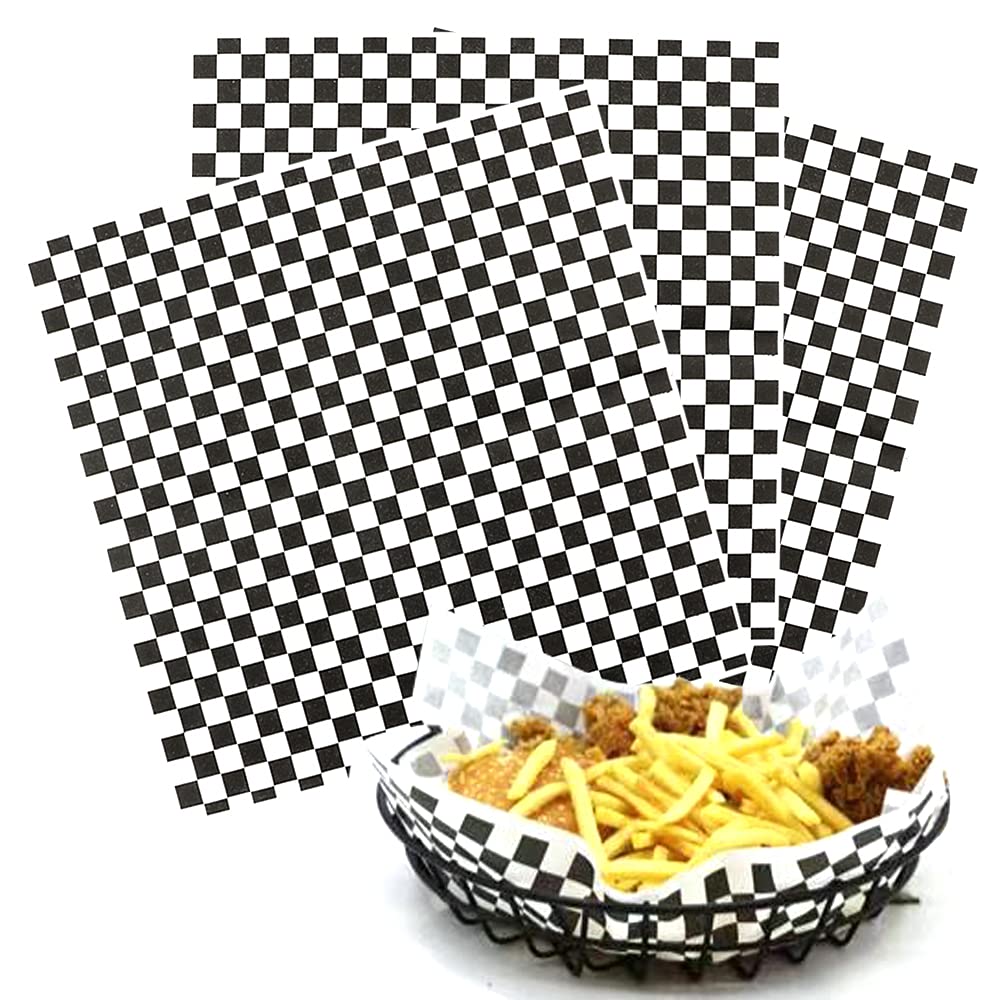 100 Sheets Black Checkered Dry Waxed Deli Paper - Food Safe Basket Liners for Wrapping Bread, Sandwiches & Pastries | Ideal for Bakeries, Cafes & Food Trucks