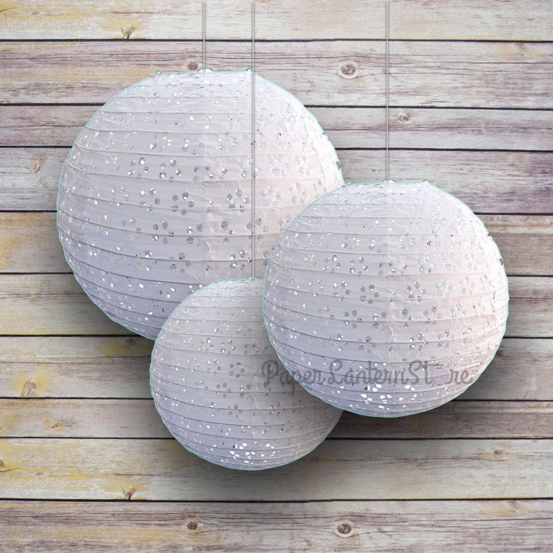 White Eyelet Lace Round Paper Lanterns - 6/8/10 Inch Set of 3, Even Ribbing Design for Wedding Decor, Baby Shower, Party & Home Decoration