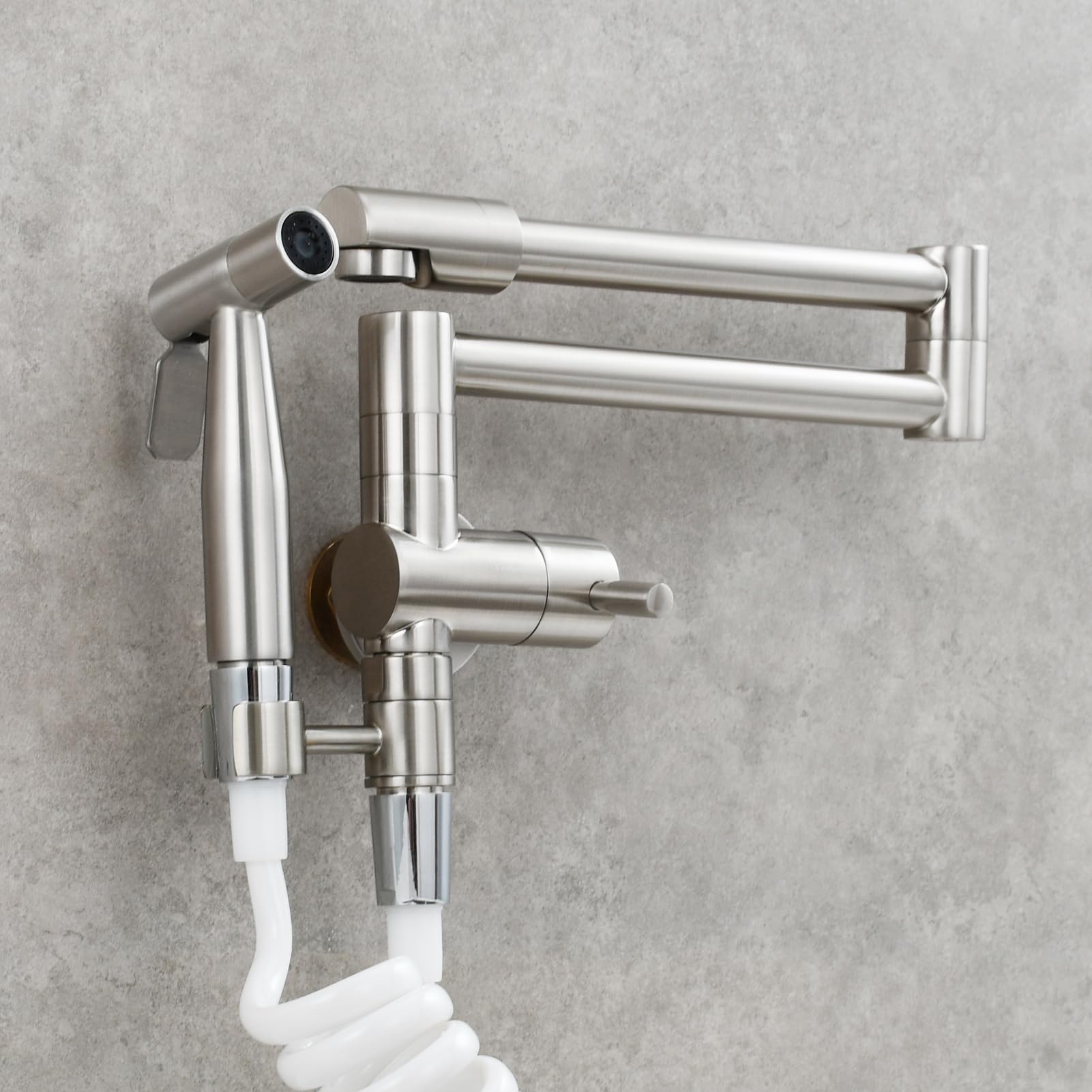 Brass Wall Mount Pot Filler Faucet - Single Hole Folding Stretchable Kitchen Sink Faucet with Sprayer in Brushed Nickel (CT169NA) - Perfect for Cooking, Filling Large Pots & Easy Kitchen Cleanup
