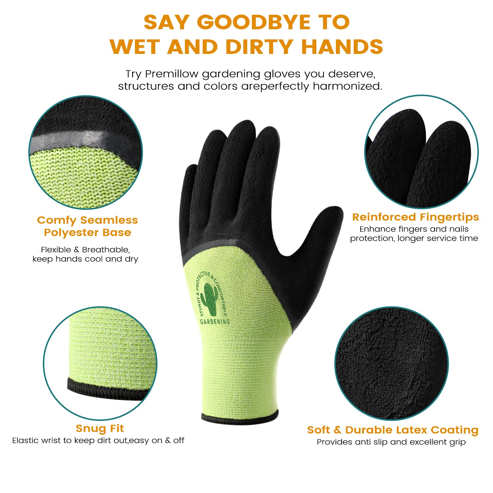 Premillow Gardening Gloves - 6 Pairs Breathable Natural Latex Gloves for Men & Women, Non-Slip Grip for Planting, Weeding, Yard Work - Perfect for Outdoor Gardening, Landscaping & Farm Use