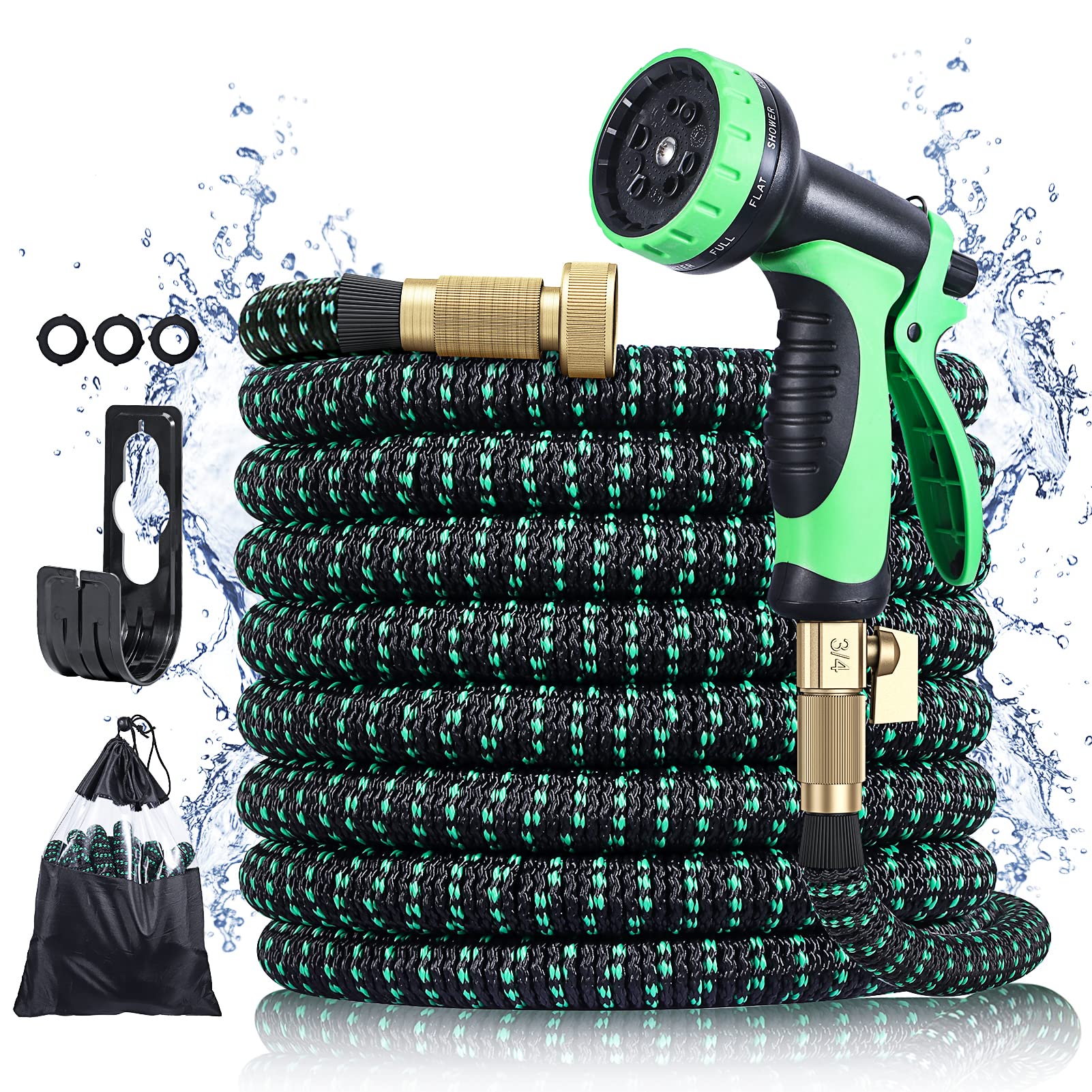 Febuliy 50FT Expandable Garden Hose with 10 Function Spray Nozzle - Lightweight Kink-Free Flexible Water Hose, 3/4 Inch Solid Brass Fittings & Double Latex Core - Perfect for Lawn Care, Car Washing, and Outdoor Cleaning (50FT)