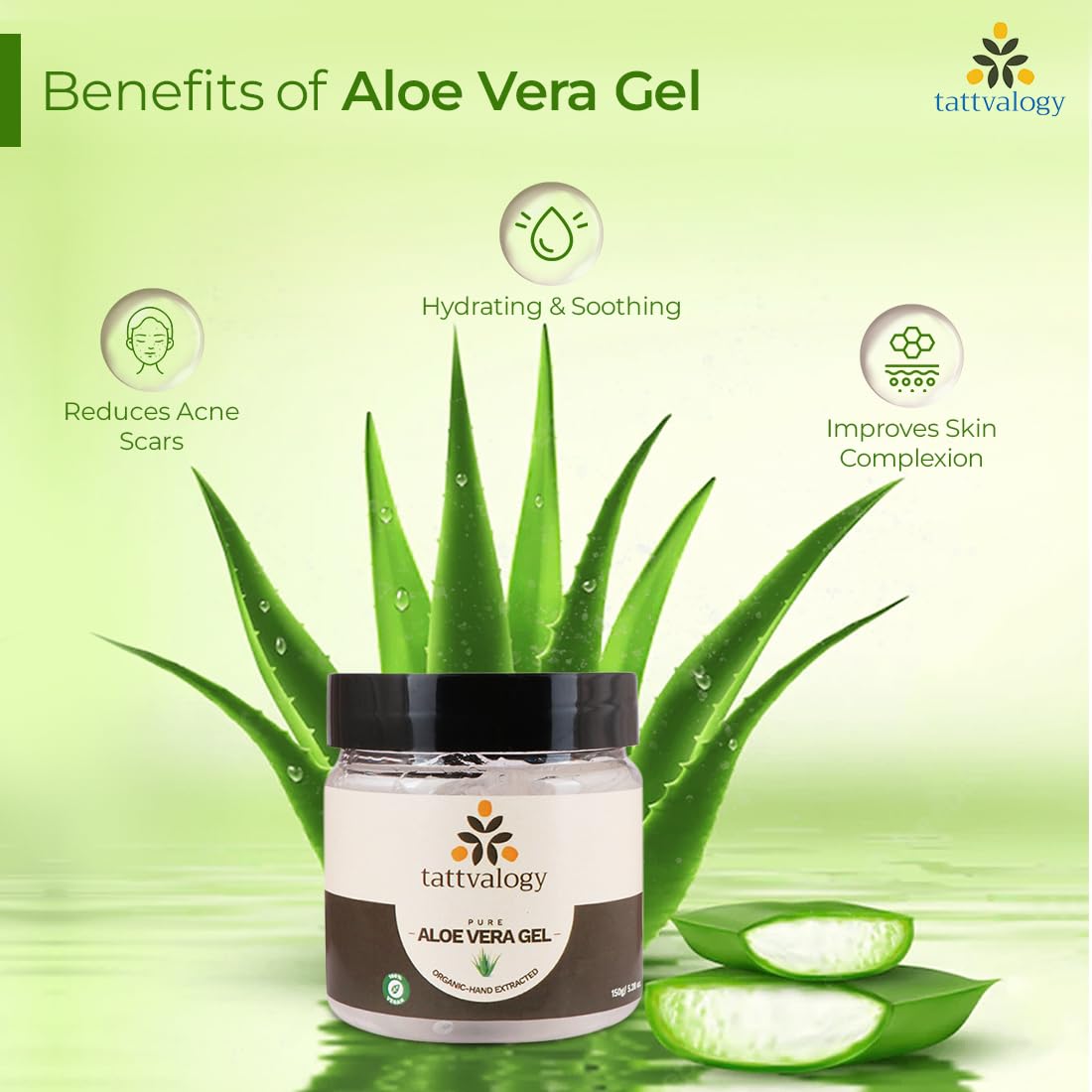 Tattvalogy Aloe Vera Gel 150g or 200ml - Natural Organic Aloe Vera for Fine Lines, Wrinkles, Acne & Skin Irritation - Hydrating & Soothing Face & Body Moisturizer - Hand Extracted Aloe Pulp - Perfect for Sunburn Relief, After Shave & Daily Skincare Routine