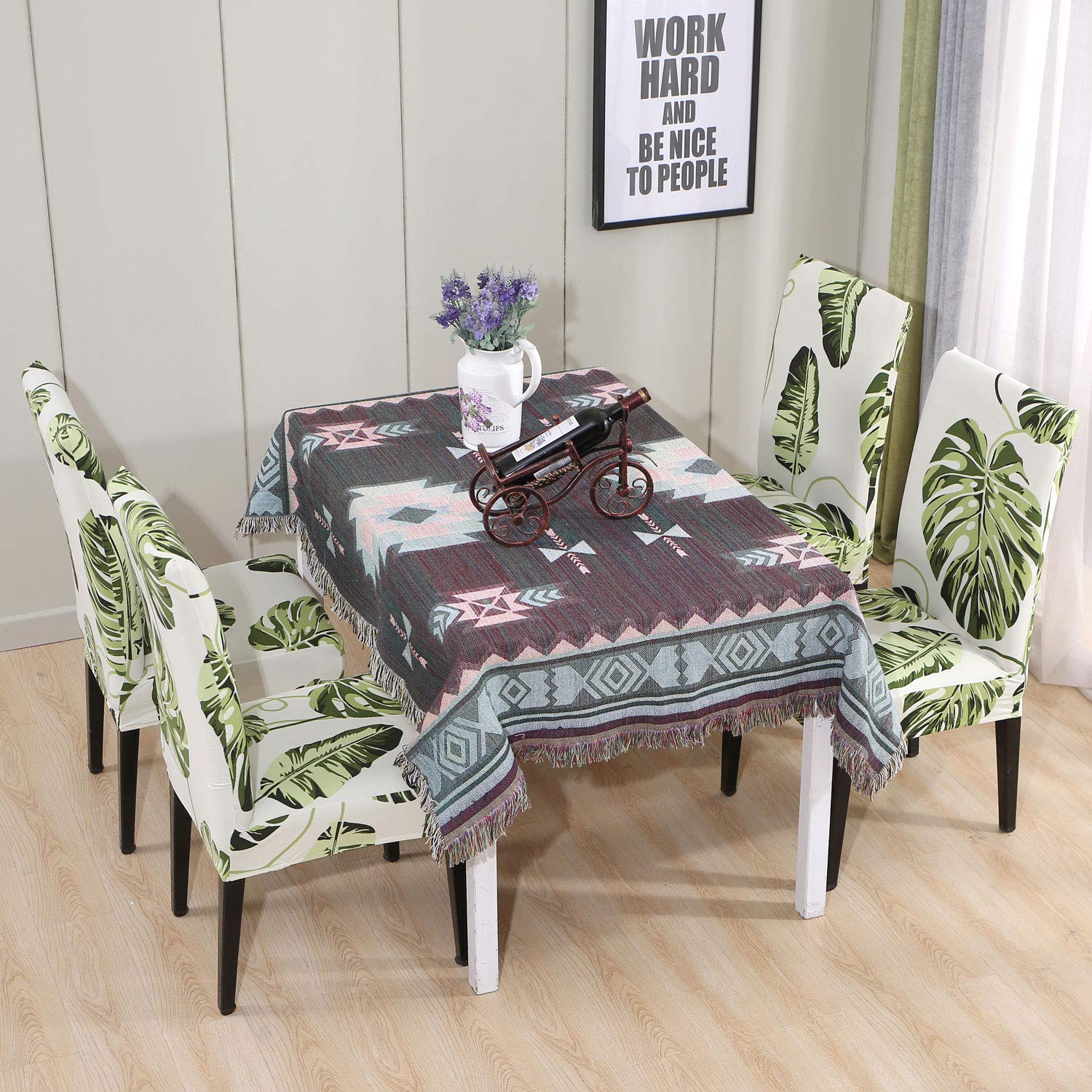 SoulFeel 6-Piece Stretch Spandex Dining Chair Covers - Elastic Slipcovers for Kitchen & Dining Room Chairs (Green Leaves Pattern) - Perfect for Home Decor, Parties & Daily Protection