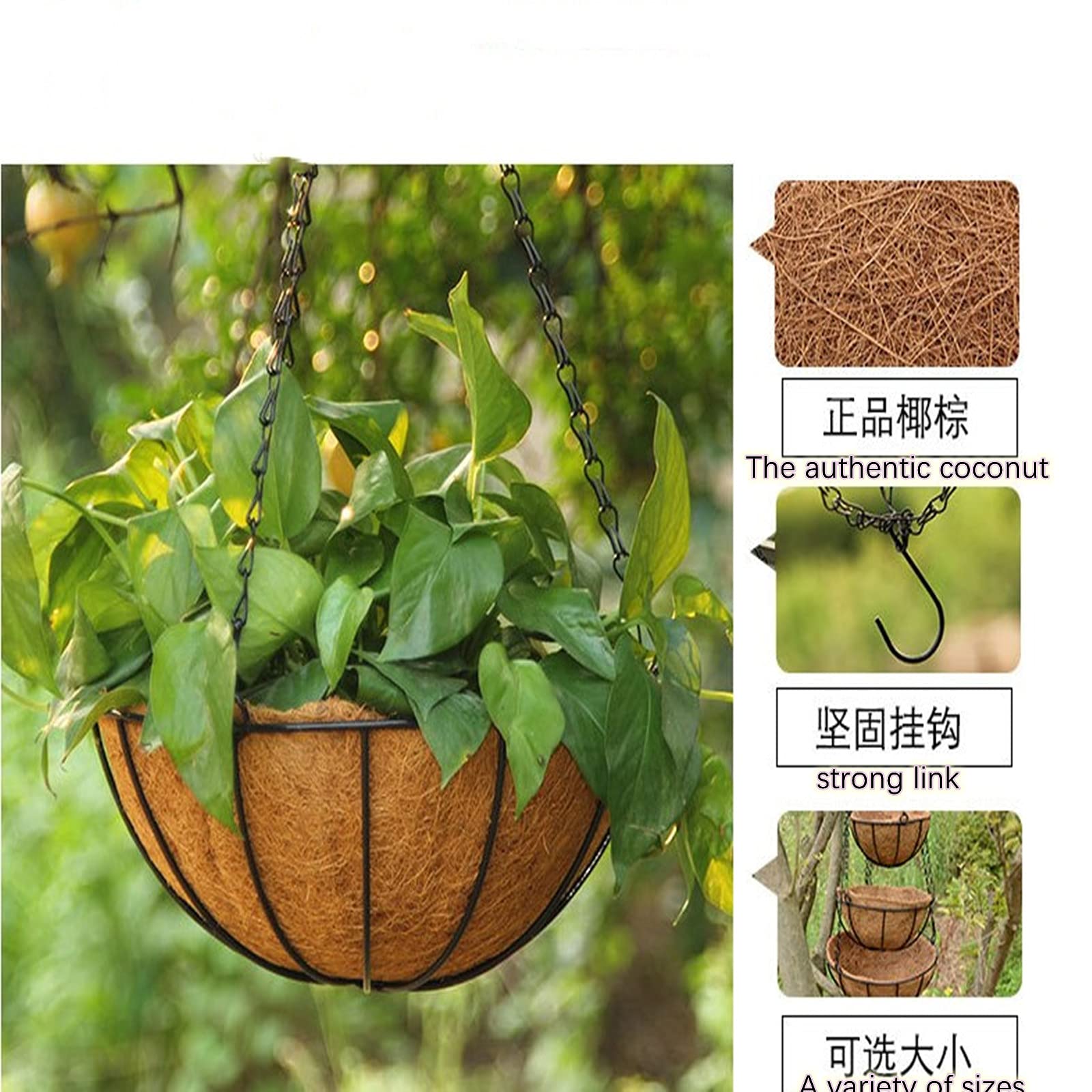 20/26/31CM Hanging Coconut Fiber Basket Liners - Flower Pot Planters with Iron Chain Hook - Rustic Garden Decor for Indoor/Outdoor Plants (31cm) - Perfect for Balconies, Patios, and Vertical Gardens