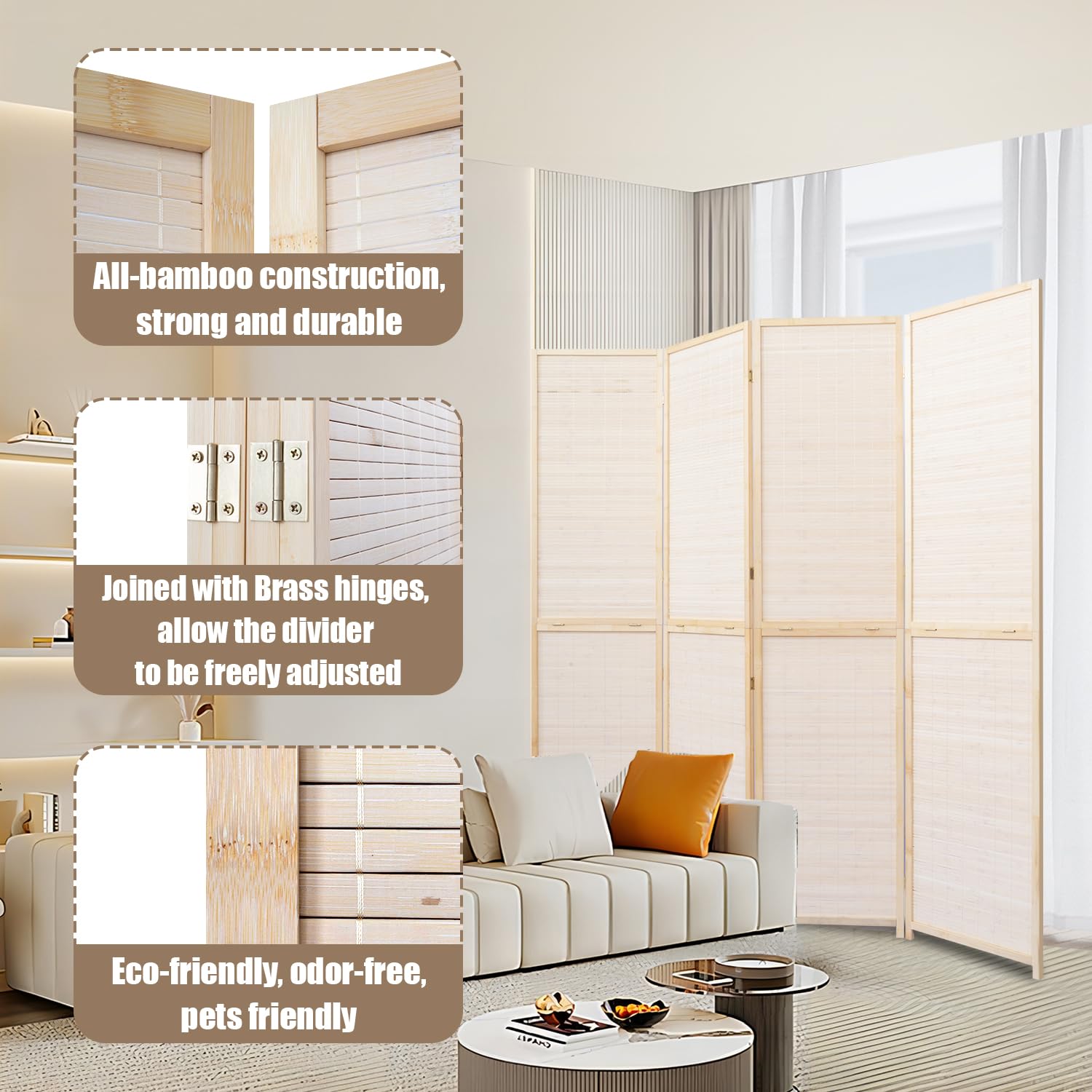 6FT Bamboo Room Divider Privacy Screen - Handmade Woven Mesh Folding Partition Panels for Home & Office | Freestanding 2-in-1 Multifunctional Wall Separator | Perfect for Living Room, Bedroom, Studio and Workspace Privacy Solutions