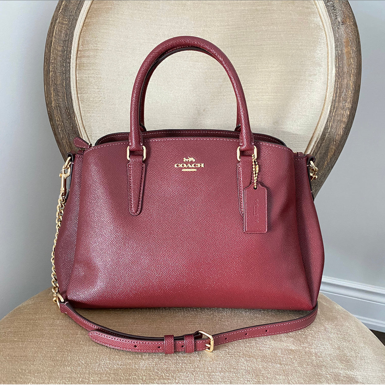 Coach Wine Red Small Sage Carryall Crossbody Bag for Women | Genuine Leather Shoulder Purse | Perfect for Work, Travel & Everyday Use