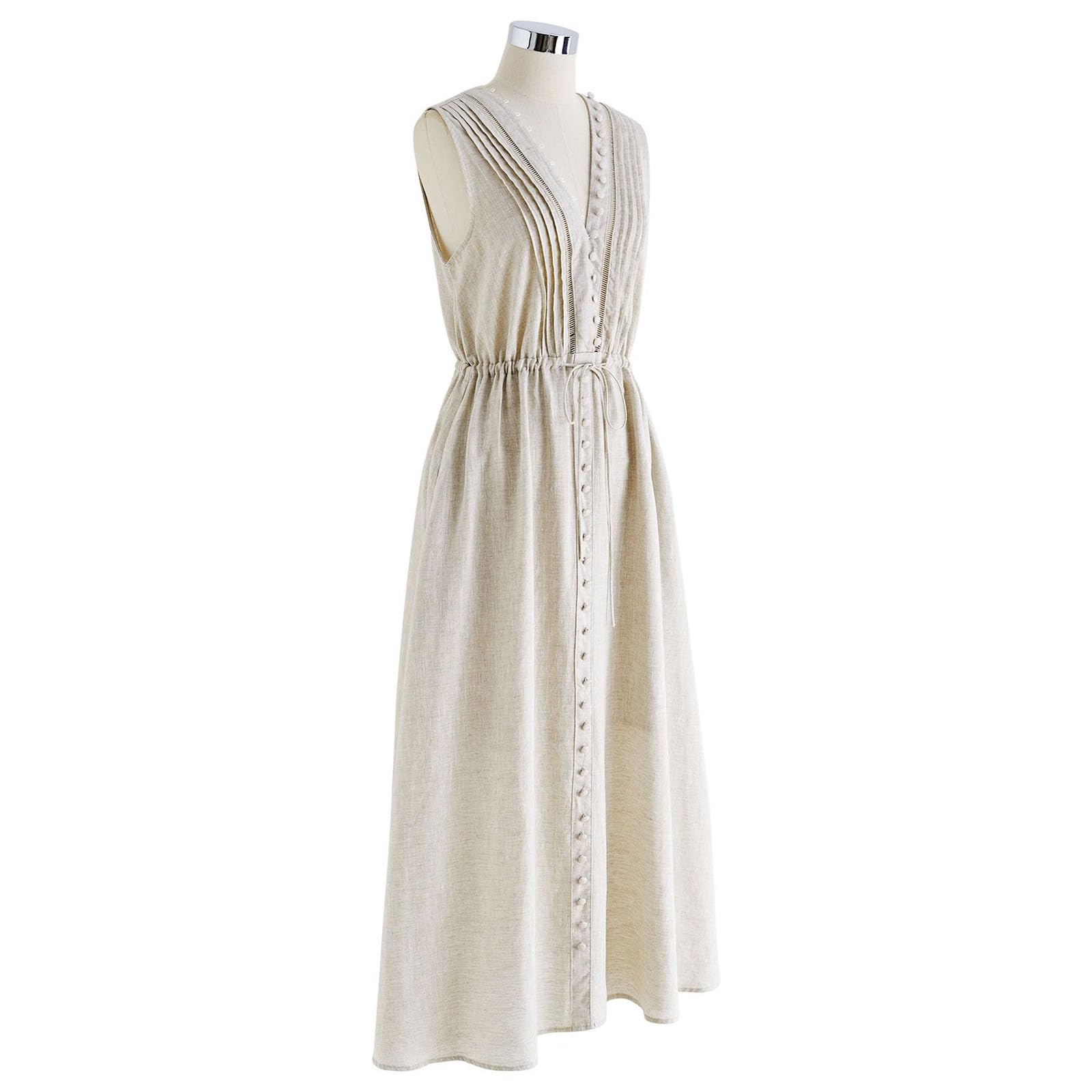 CHICWISH Women's V-Neck Sleeveless Linen Midi Dress with Side Pockets - Casual Beach Summer Vacation Dress for Women | Perfect for Travel, Brunch & Outdoor Events