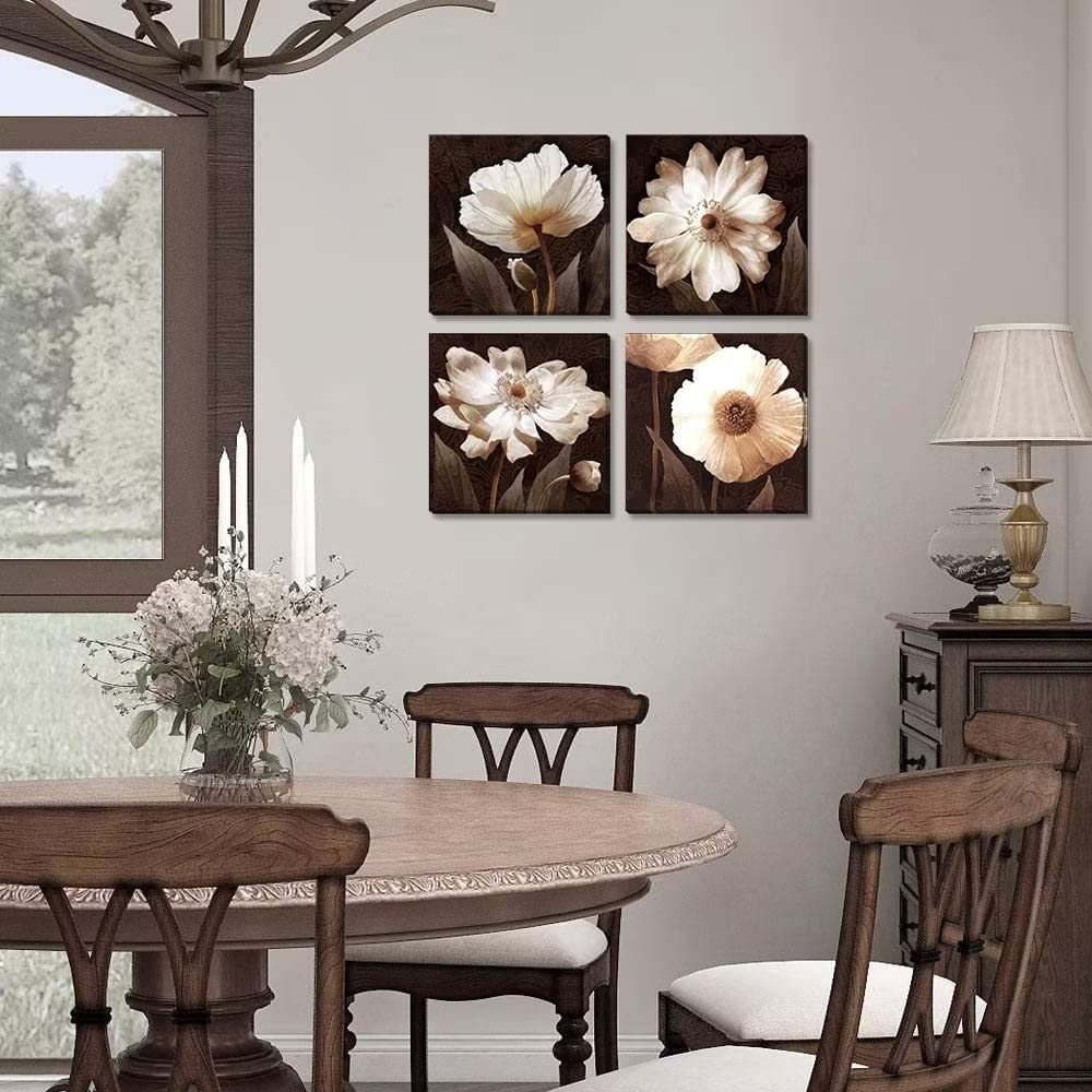Brown Floral Abstract Canvas Wall Art - HDQ Framed Giclee Prints (16x16inchx4) for Living Room, Bedroom Decor | Perfect for Home, Office & Gift Giving