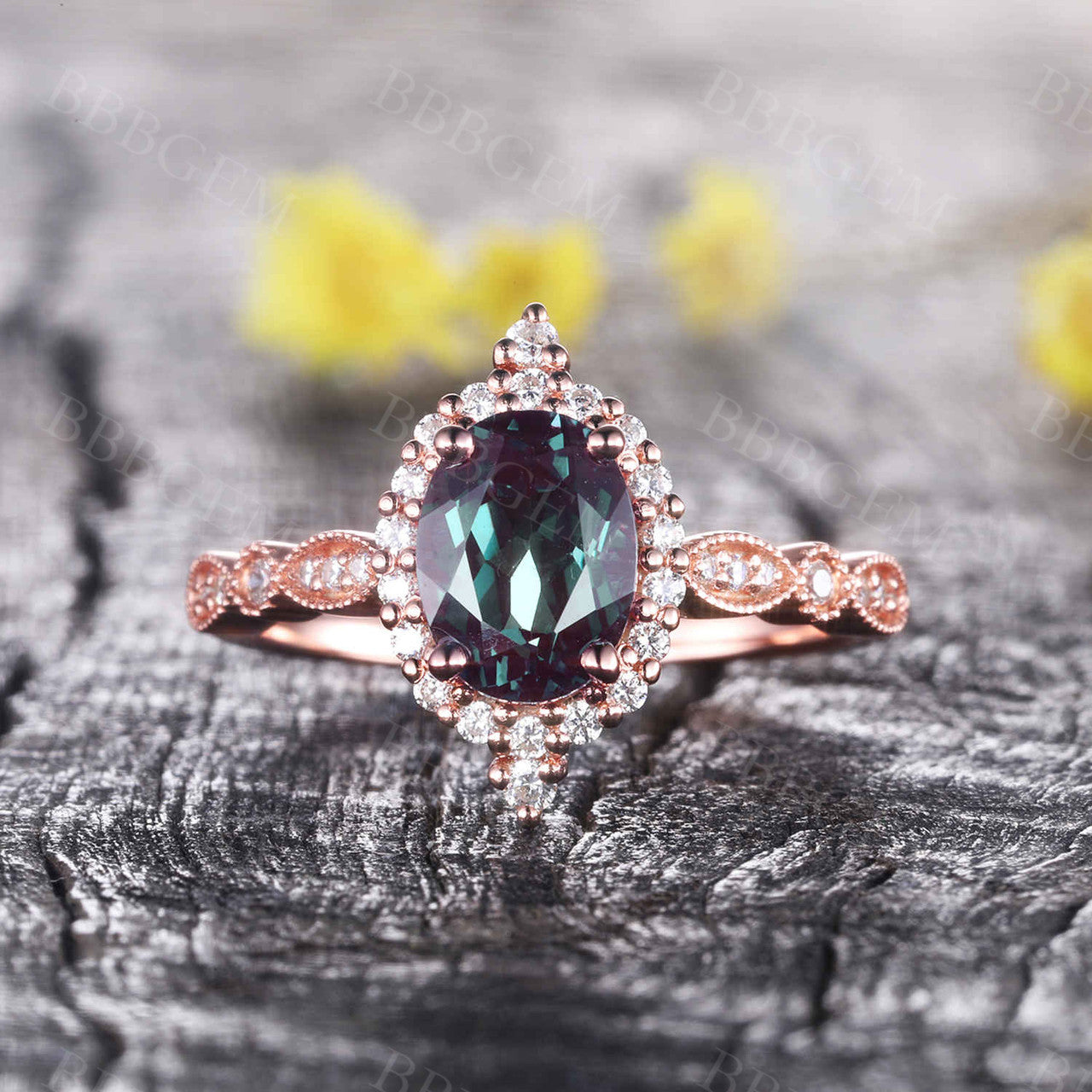 Alexandrite Ring 14K Rose Gold Vintage Engagement Ring with Halo Diamond Wedding Band for Women | Perfect for Promise, Anniversary & Bridal Jewelry Gifts