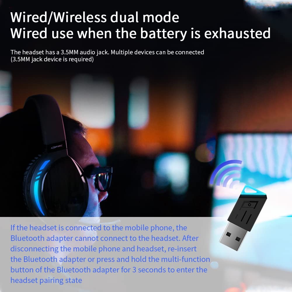 SLuB Gaming Headset with 3.5mm Wired & Bluetooth 5.0, Foldable Over-Ear Headphones with Surround Sound, Noise-Cancelling Mic, RGB LED Lights for PC, PS5, PS4 - Perfect for Gaming, Streaming & Online Classes