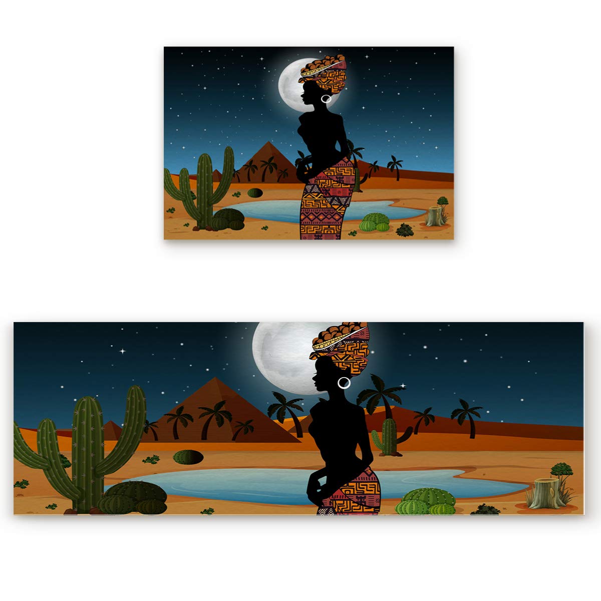 Premium Anti-Fatigue Kitchen Mats Set - 2-Piece Non-Slip Cushioned Floor Rugs for American & African American Women (Cactus Midnight Design) - Washable, Durable for Cooking, Baking & Dishwashing Areas