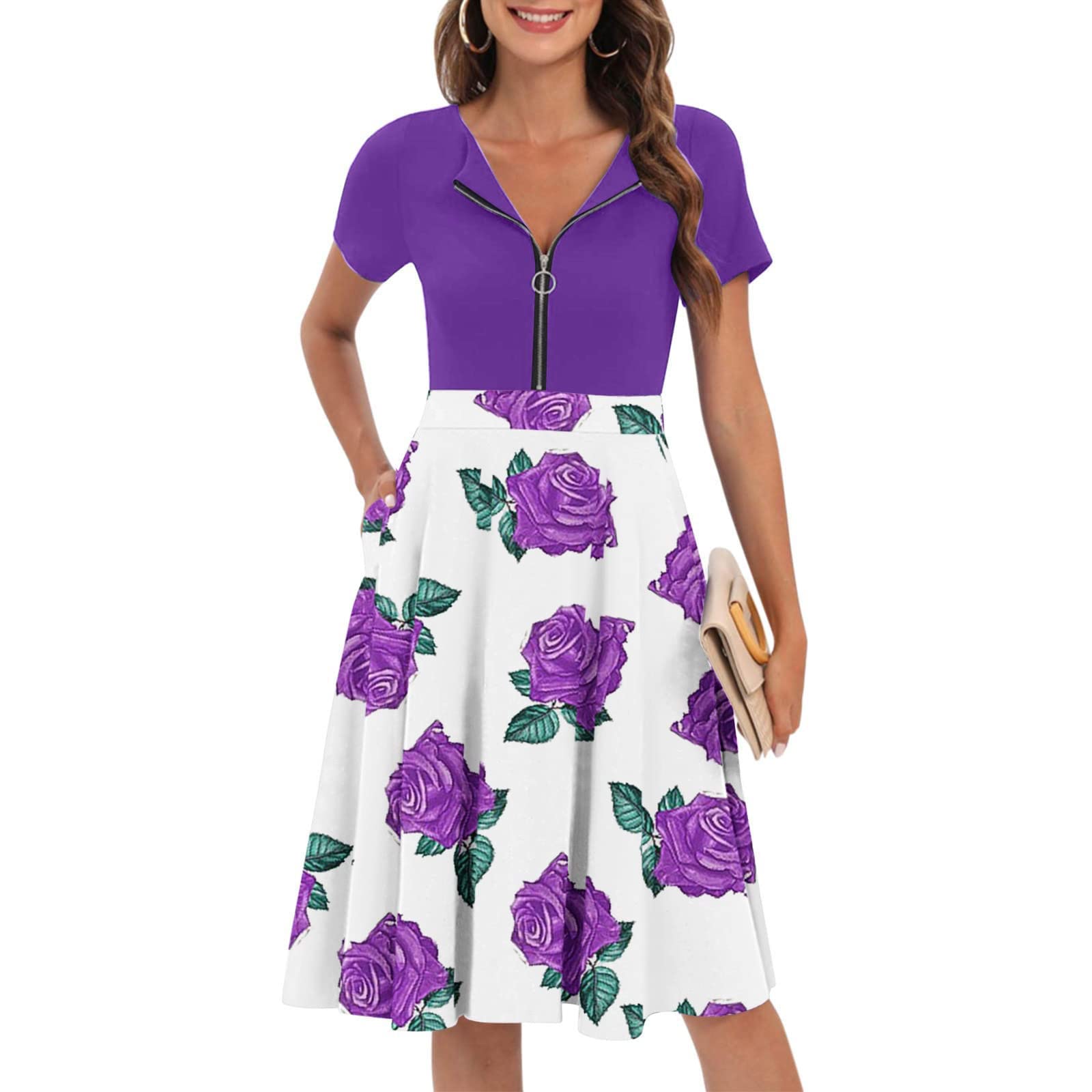 Stylish Women's Midi Summer Dresses - Crewneck Short Sleeve Zipper Swing Party Dress | Elegant & Classy for Beach Vacations, Garden Parties & Date Nights