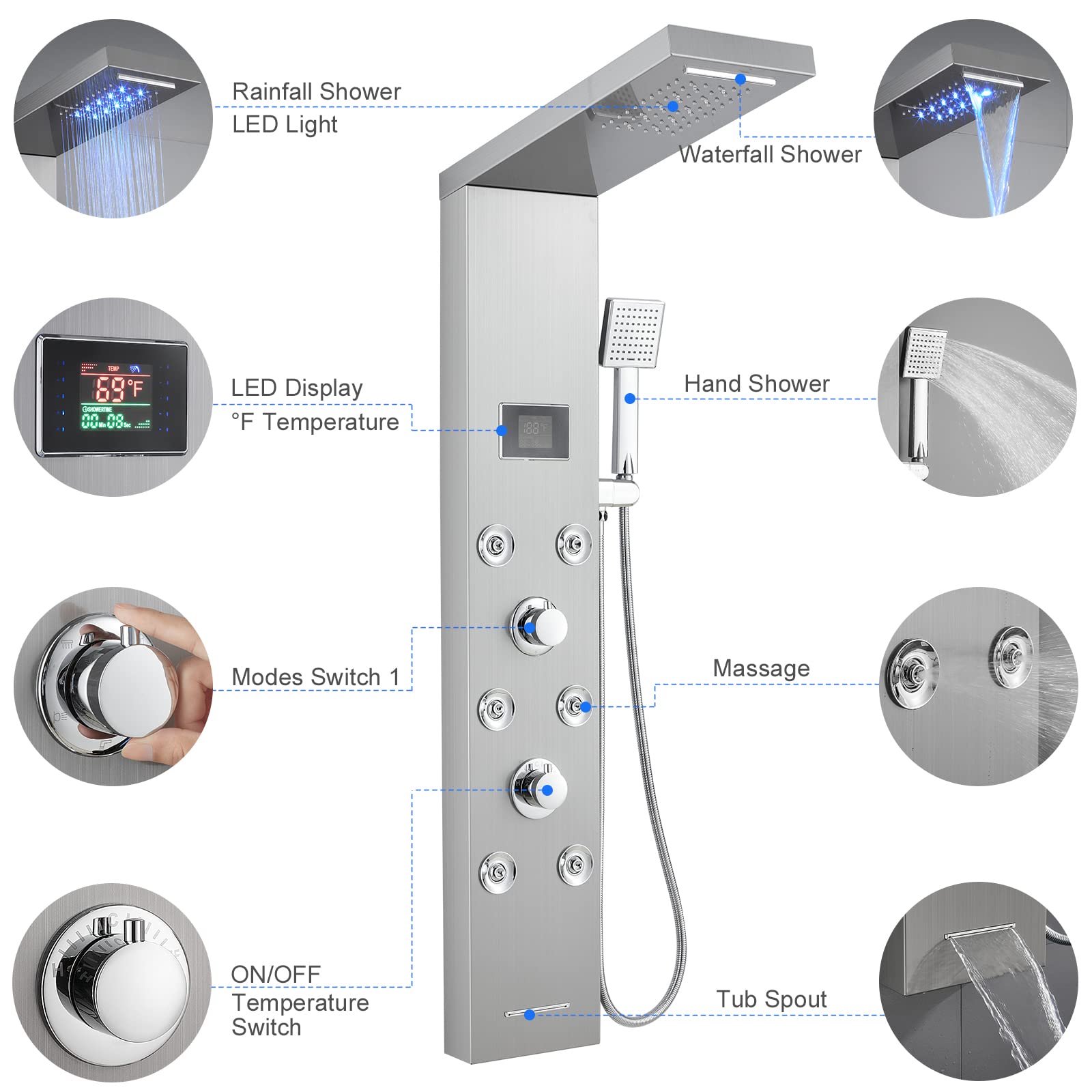 **MENATT 5-in-1 LED Shower Panel Tower System with Rainfall Showerhead, Waterfall & 6 Massage Body Jets – Brushed Nickel – Perfect for Spa-Like Bathroom Upgrades & Luxury Home Renovations**
