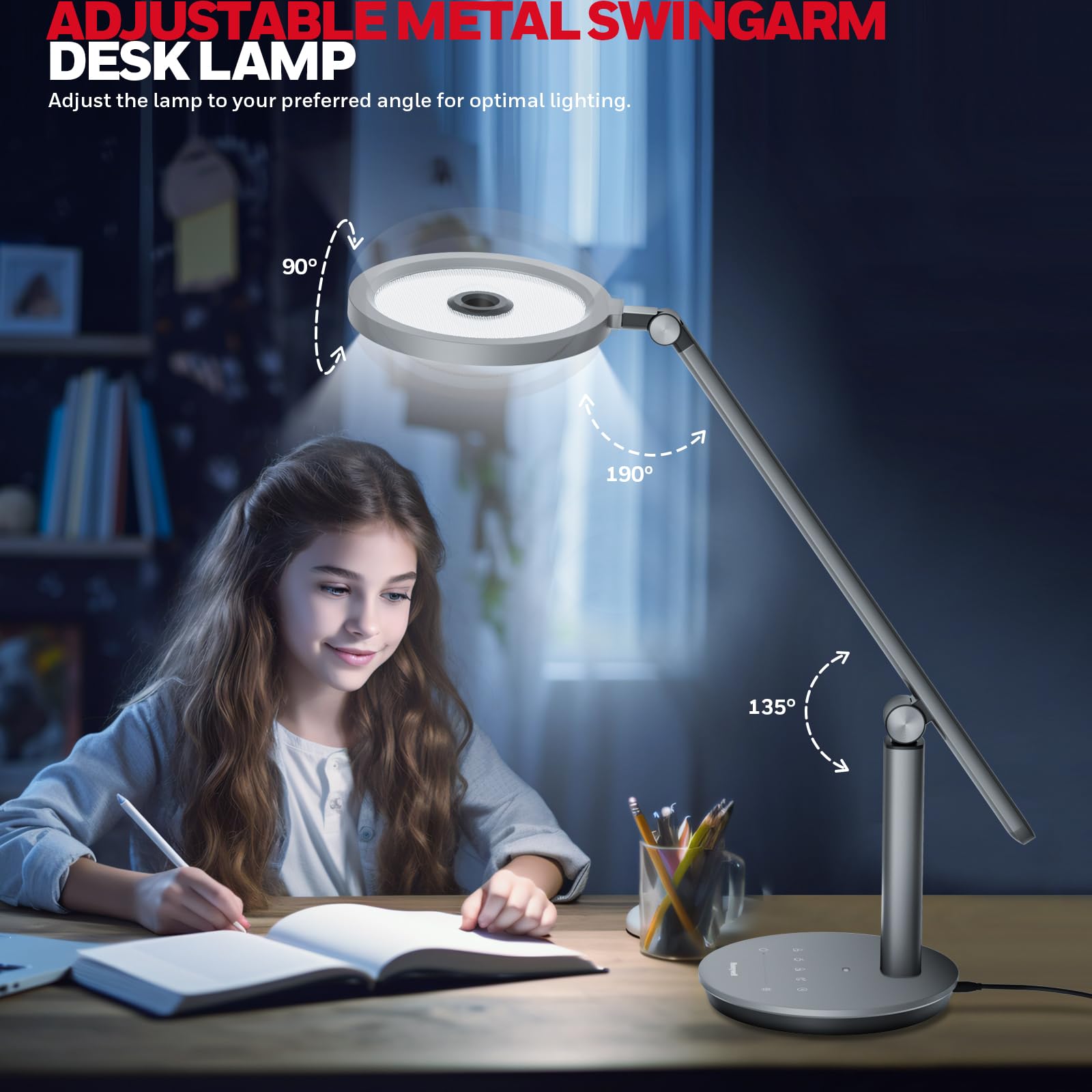 HONEYWELL H6 Sunturalux™ Eye-Caring LED Desk Lamp - 800LM Dimmable with Timer & Touch Control, Tall Adjustable Reading Light for Home Office, Study, Bedroom, Webcam Lighting & Zoom Meetings