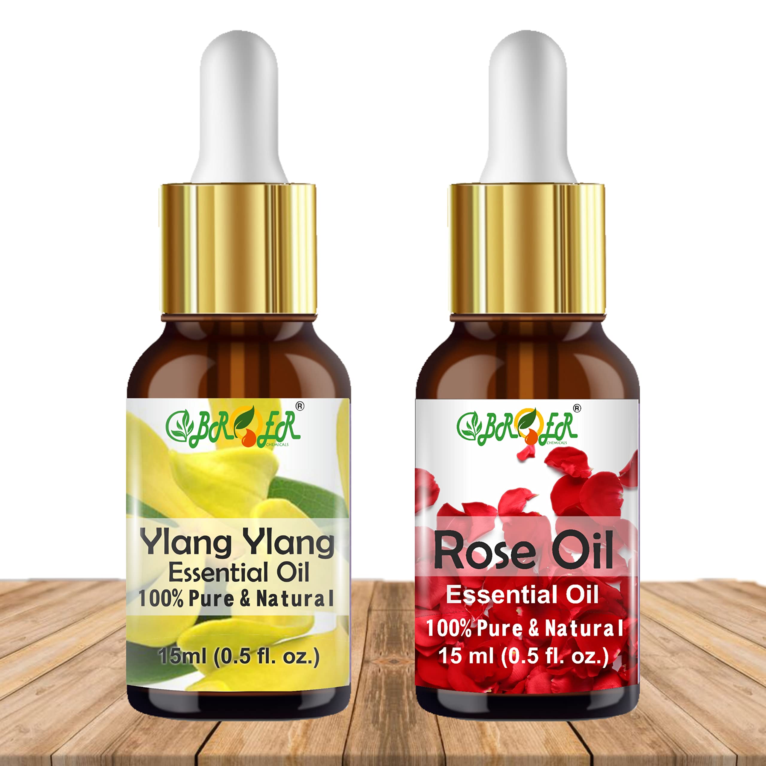 BROER 100% Pure Ylang Ylang & Rose Essential Oil Set - 15ml Each, Undiluted Natural Aromatherapy Oils for Skin Care, Hair Growth & Relaxation - Perfect for Diffusers, Massage & DIY Beauty Products (2-Pack, 30ml Total)