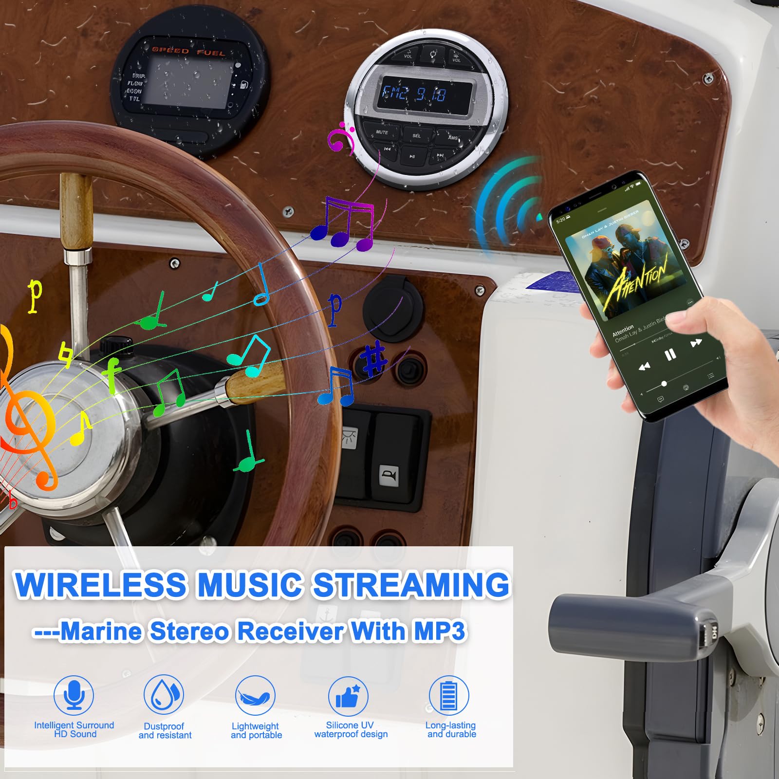Geloo Marine Stereo Receiver - Waterproof Boat Audio System with Digital Media MP3 Player, Wireless Bluetooth, USB, AM/FM Radio | Perfect for Boats, Motorcycles, Golf Carts & Trucks | Enjoy Music on Water & Outdoor Adventures
