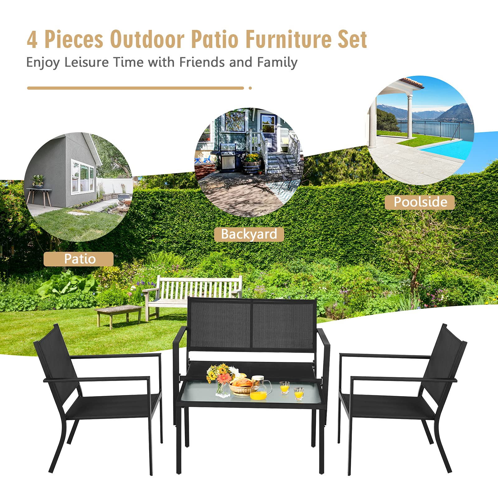 Giantex 4-Piece Patio Furniture Set - Outdoor Conversation Set with Loveseat Bench, 2 Chairs & Tempered Glass Coffee Table - Bistro Dining Set for Porch, Lawn, Garden, Poolside - Perfect for Backyard Relaxation, Outdoor Entertaining & Summer Gatherings