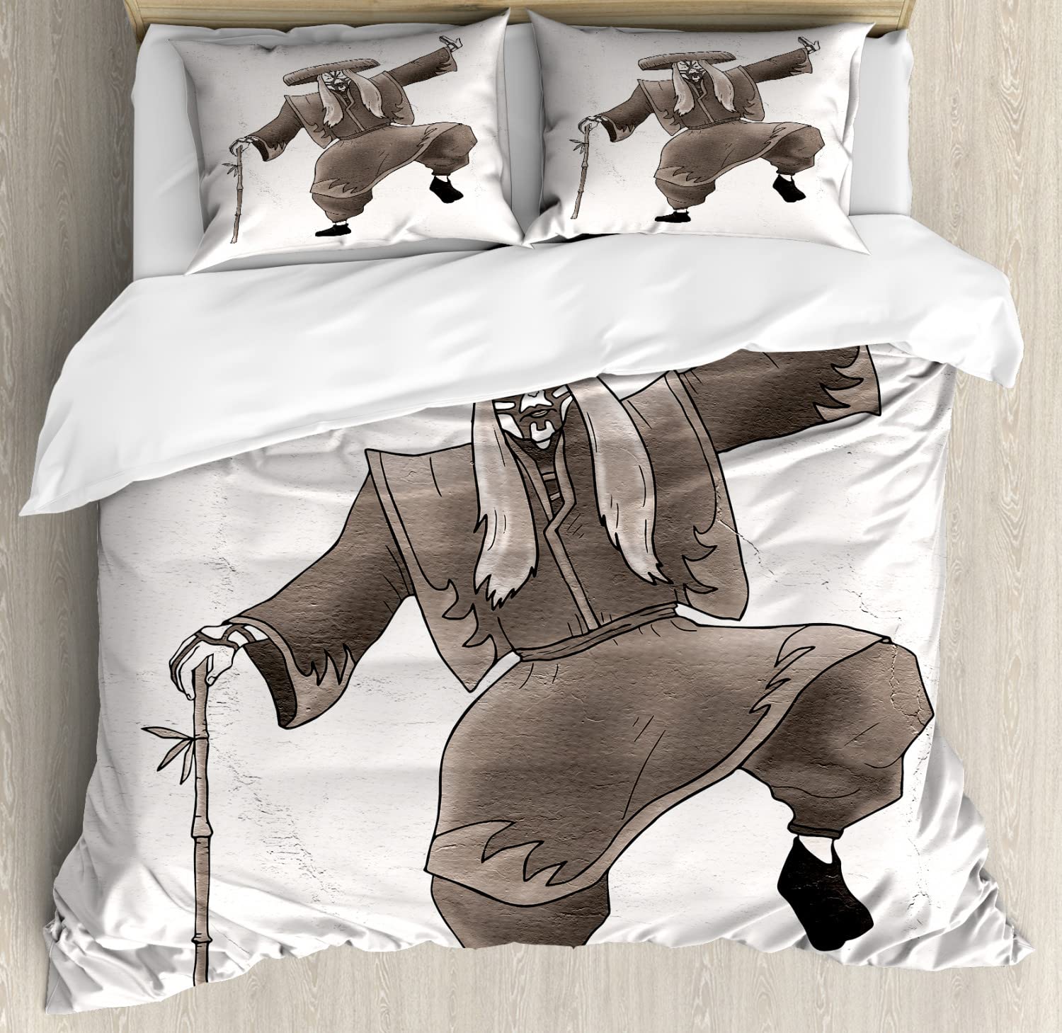 Ambesonne Kabuki Duvet Cover Set - Queen Size 2-Pack with 4 Pillowcases | Japanese Geisha Dance Art Design in Umber & White | Luxury Bedding for Master Bedroom, Guest Room & Themed Decor