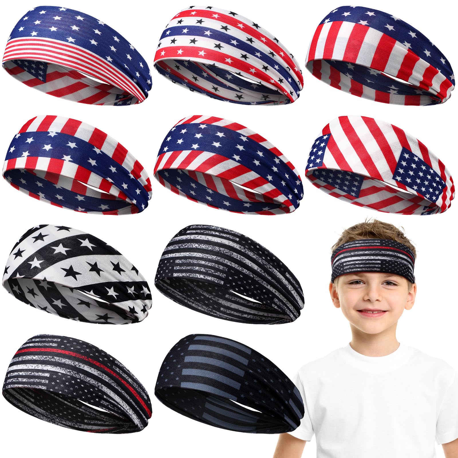 10-Pack Boys Athletic Sweatbands - 16 Inch Elastic Moisture-Wicking Headbands for Sports, Soft Breathable Head Wraps for Kids & Teens (Flag Design) - Perfect for Basketball, Soccer, Running & Outdoor Activities