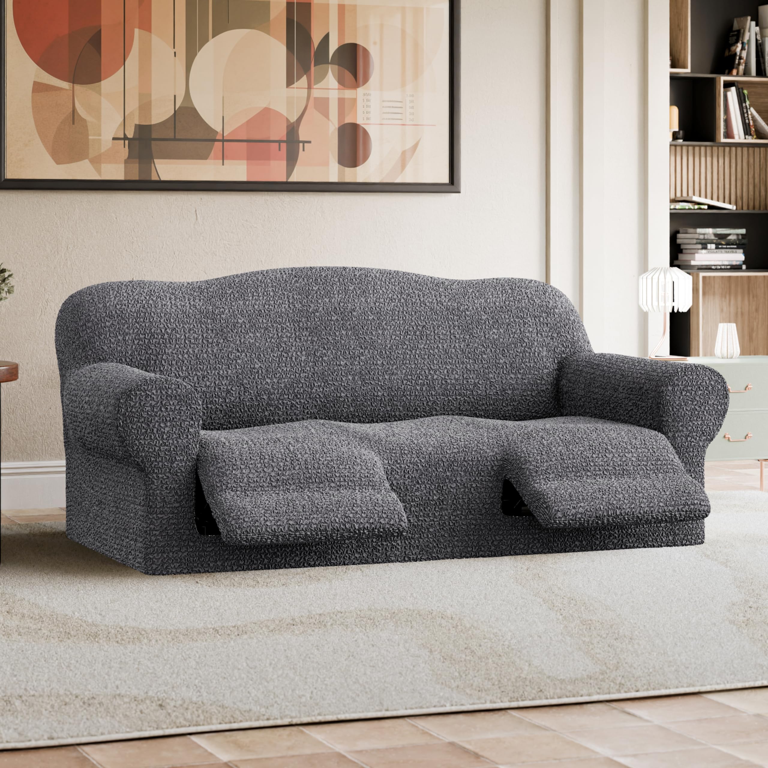 PAULATO BY GA.I.CO. Recliner Sofa Cover - Stretchable 1-Piece Reclining Couch Slipcover - Soft Polyester Fabric Furniture Protector - Mille Righe Collection (Dark Grey) - Perfect for Living Room, Home Theater & Office Use
