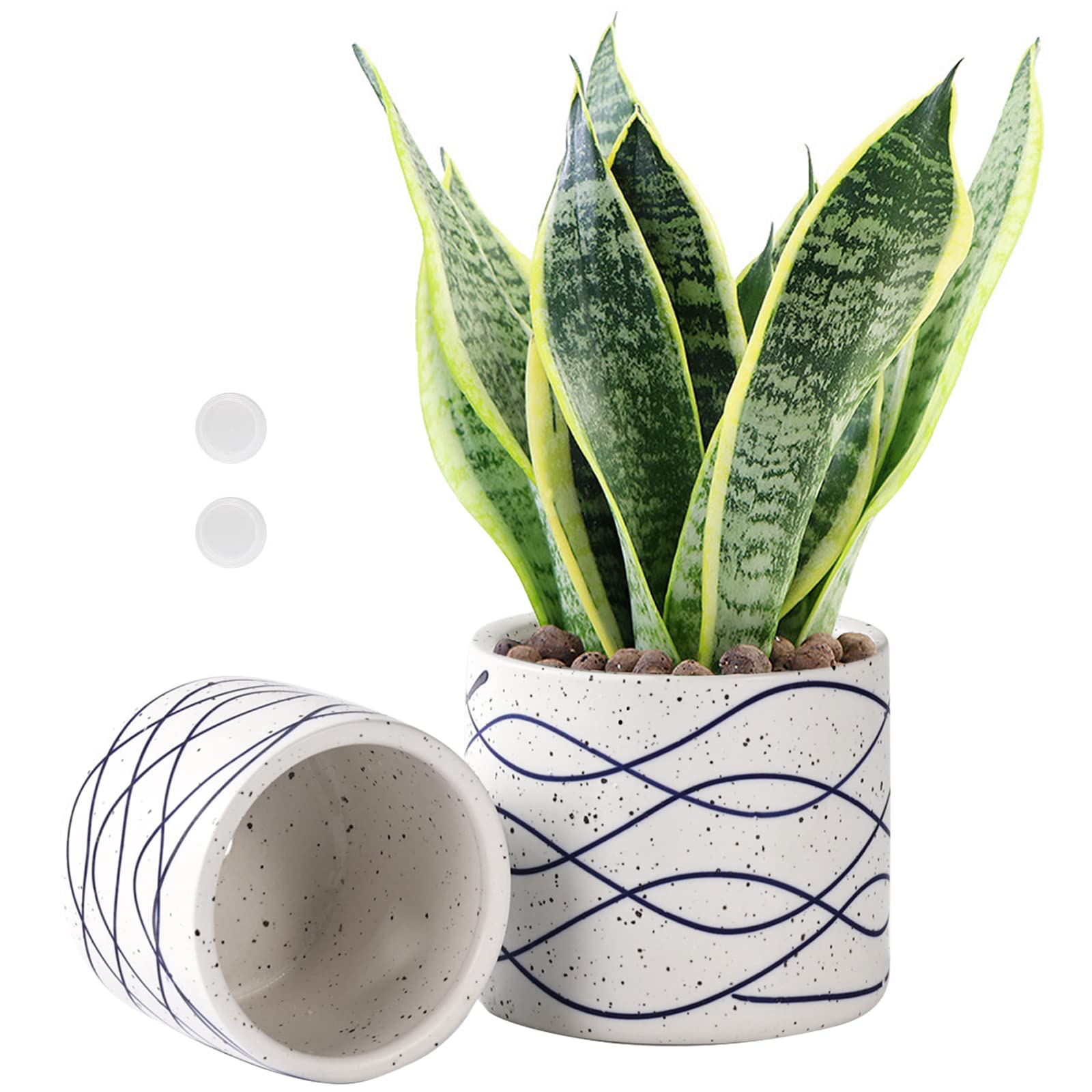 Ceramic Planters Set of 2 - 5.5 & 4.5 Inch Flower Pots with Drainage Holes & Mesh Pads for Succulents, Snake Plants - Modern Indoor/Outdoor Home & Office Decor - Perfect for Windowsills, Desks, Garden Decor & Housewarming Gifts