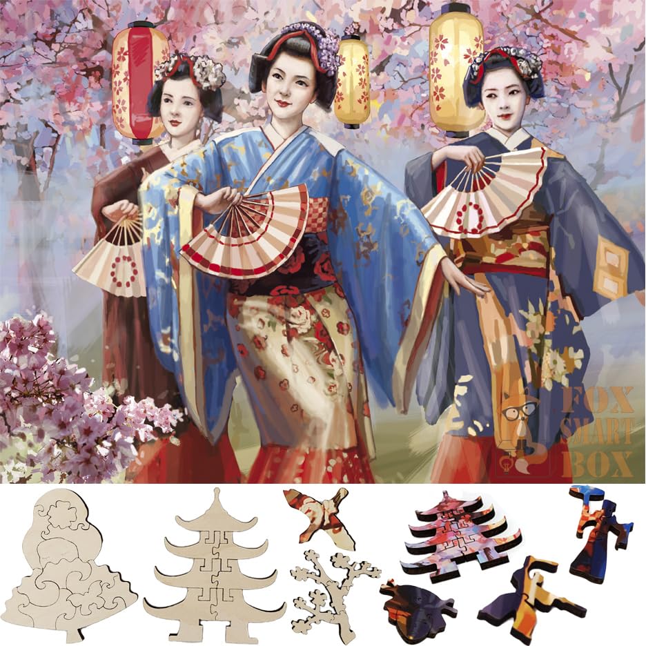 Premium 437-Piece Wooden Jigsaw Puzzle for Adults - Unique Shaped Pieces - Sakura Blossom Festival Design - Handcrafted in USA by FoxSmartBox - Perfect for Stress Relief, Family Game Night & Home Decor