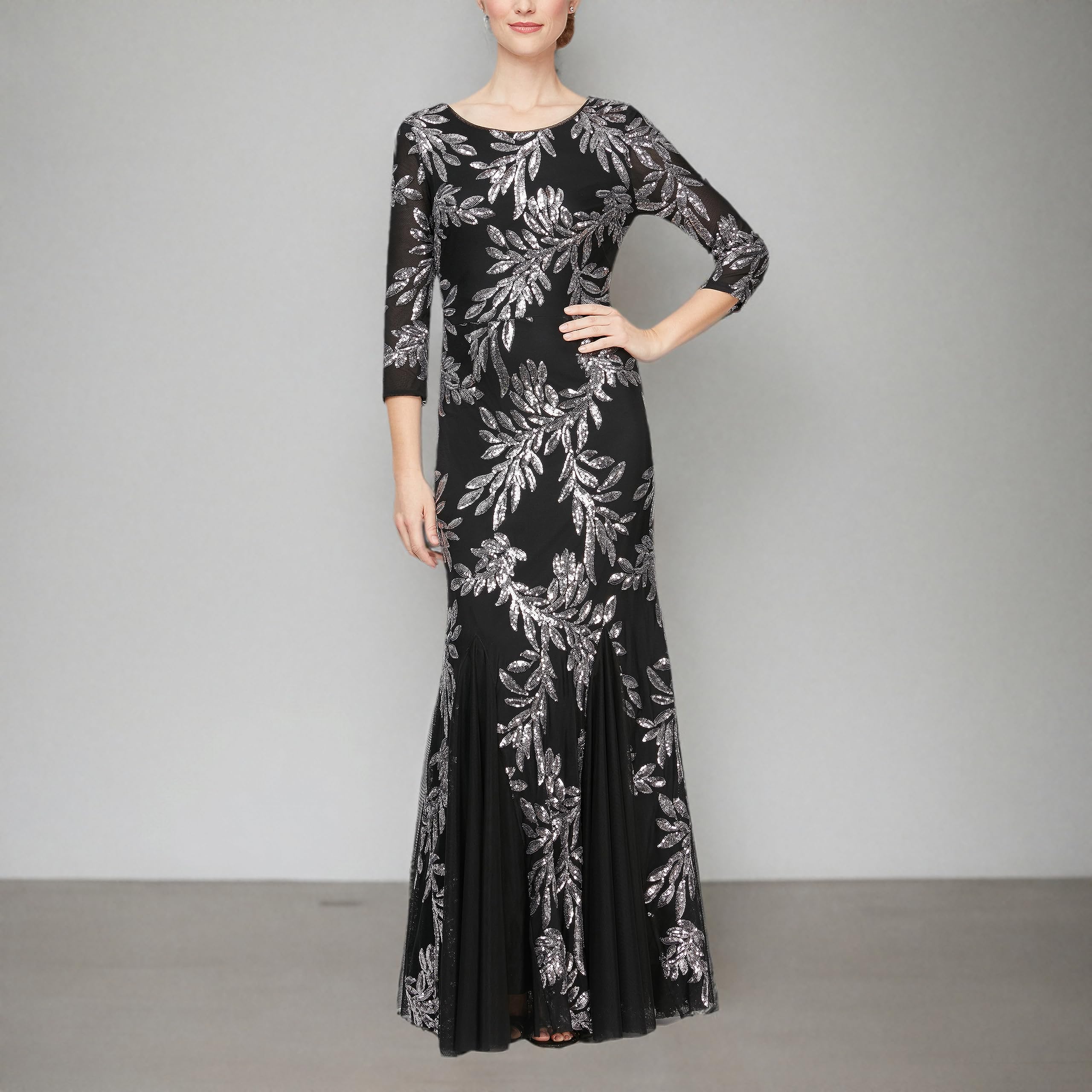 Alex Evenings Women's Long Sequin Evening Gowns with 3/4 Sleeves - Elegant Formal Dresses for Prom, Gala, Wedding & Special Occasions