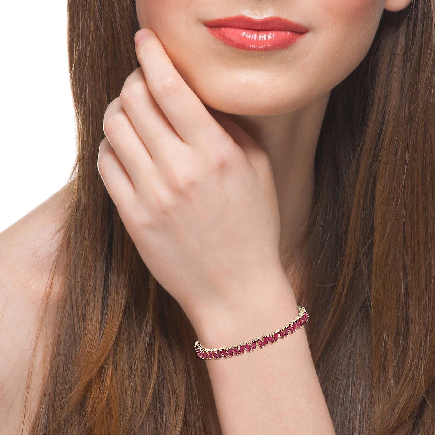 18K Yellow Gold Baguette Ruby July Birthstone Cuff Bracelet for Women - Perfect Gift for Birthday, Anniversary & Special Occasions