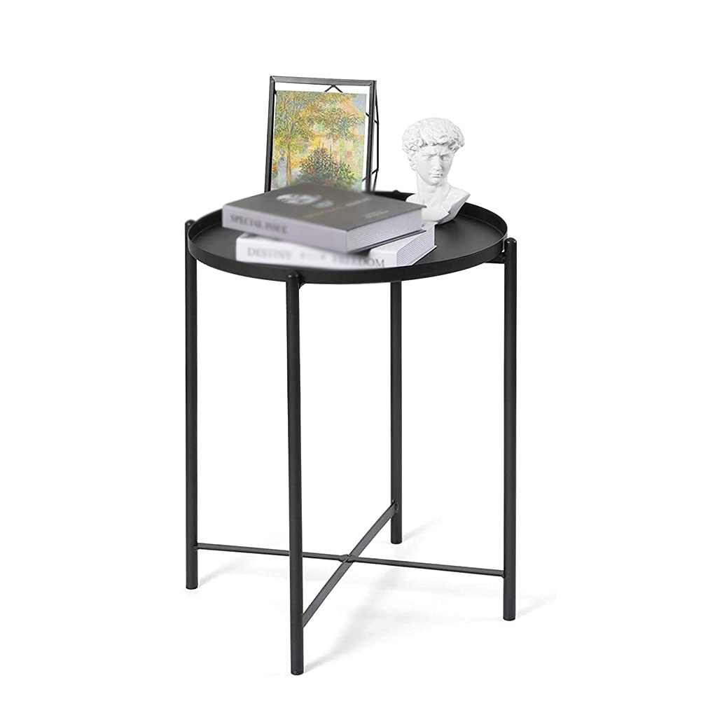 YAYADU Folding Metal Side Table with Removable Tray - Waterproof Storage Basket End Table for Living Room, Bedroom, Balcony & Office - Small Coffee Table & Sofa Side Table (Black, 44x52cm) - Perfect for Holding Magazines, Remote Controls & Decor Items