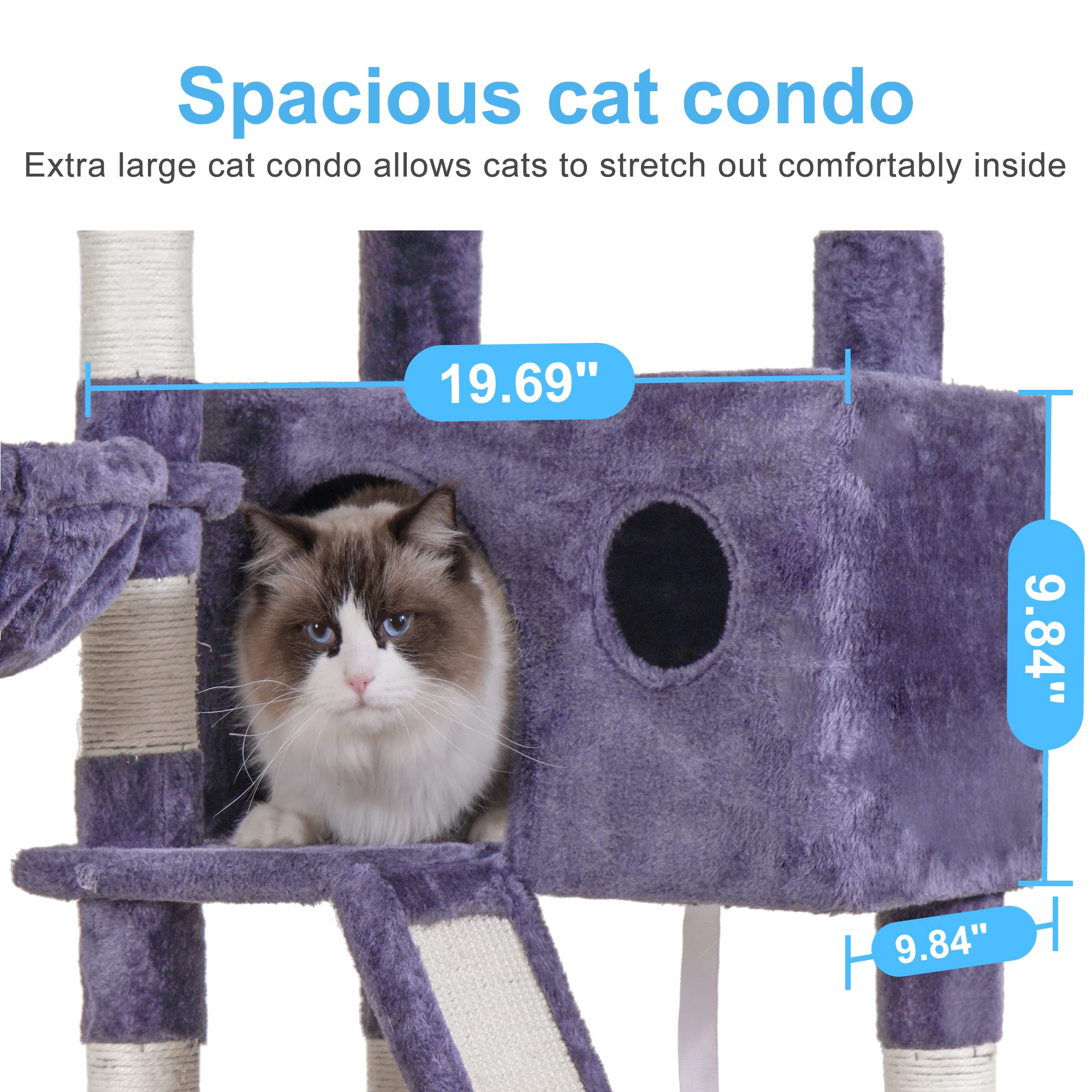 Hey-brother 61-inch Multi-Level Cat Tree Tower for Indoor Cats - Large Cozy Condo with Padded Bed, Hammocks, Sisal Scratching Posts & Toy Balls (Smoky Gray) - Perfect for Play, Rest & Scratching in Living Rooms & Bedrooms