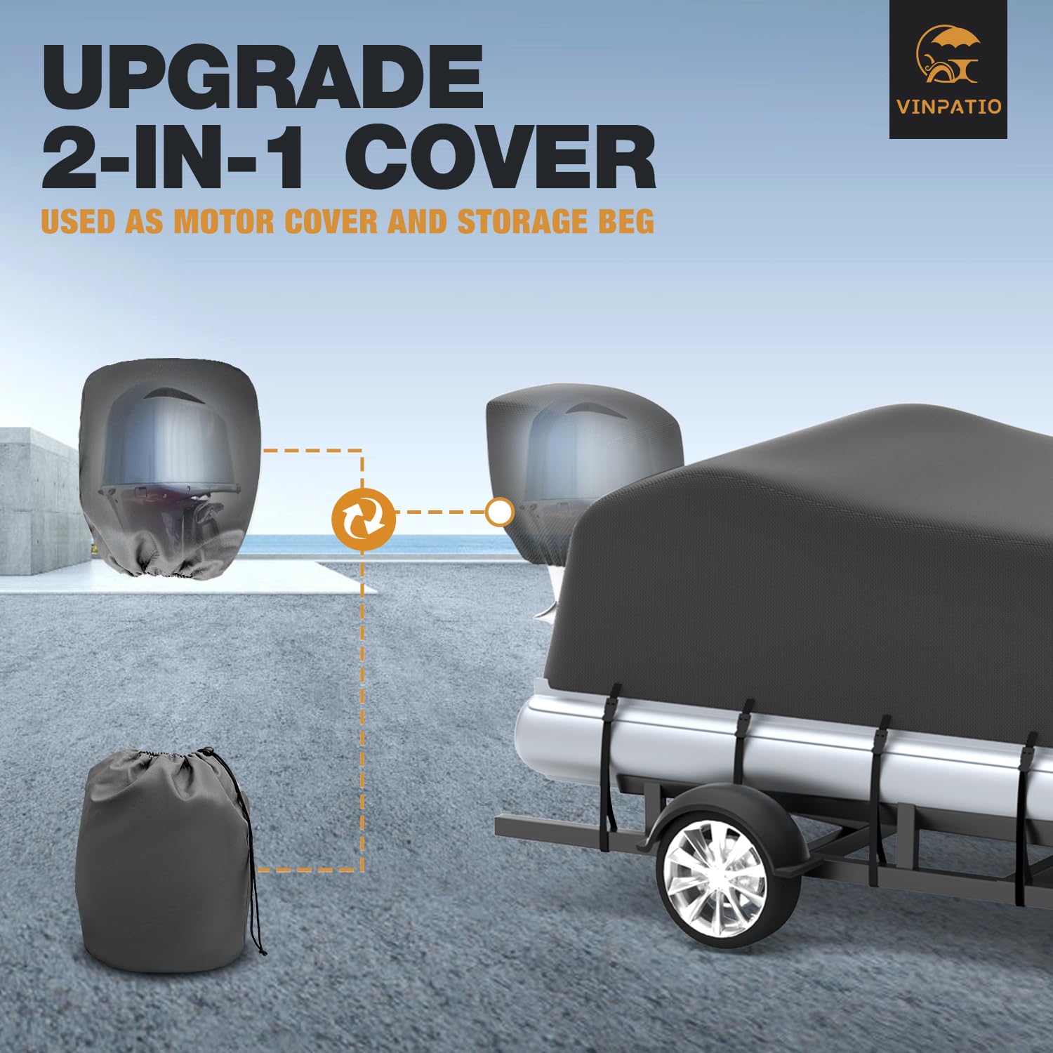 800D Heavy-Duty Pontoon Boat Cover with Motor Cover - Waterproof, UV-Resistant (Grey, Fits 14'-17' Length & 96