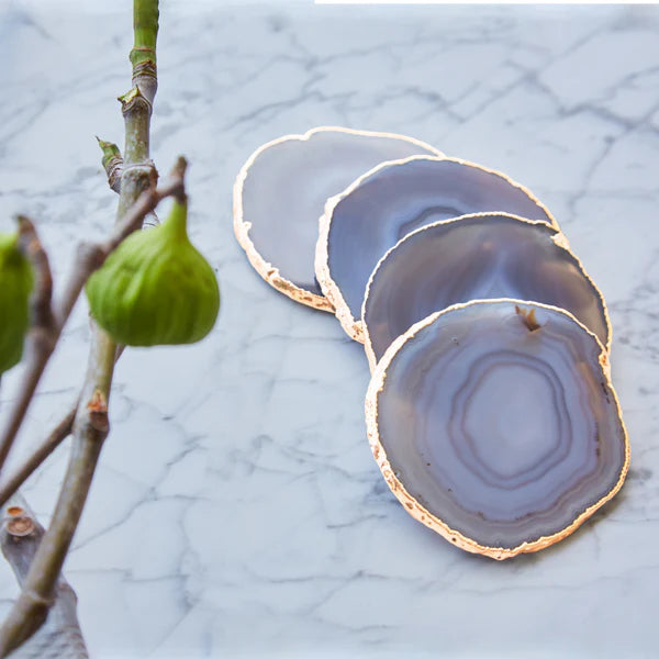 Premium Lumino Coasters Set of 4 - Elegant Smoke Agate Stone with Gold Accents for Coffee Tables, Bars & Home Decor