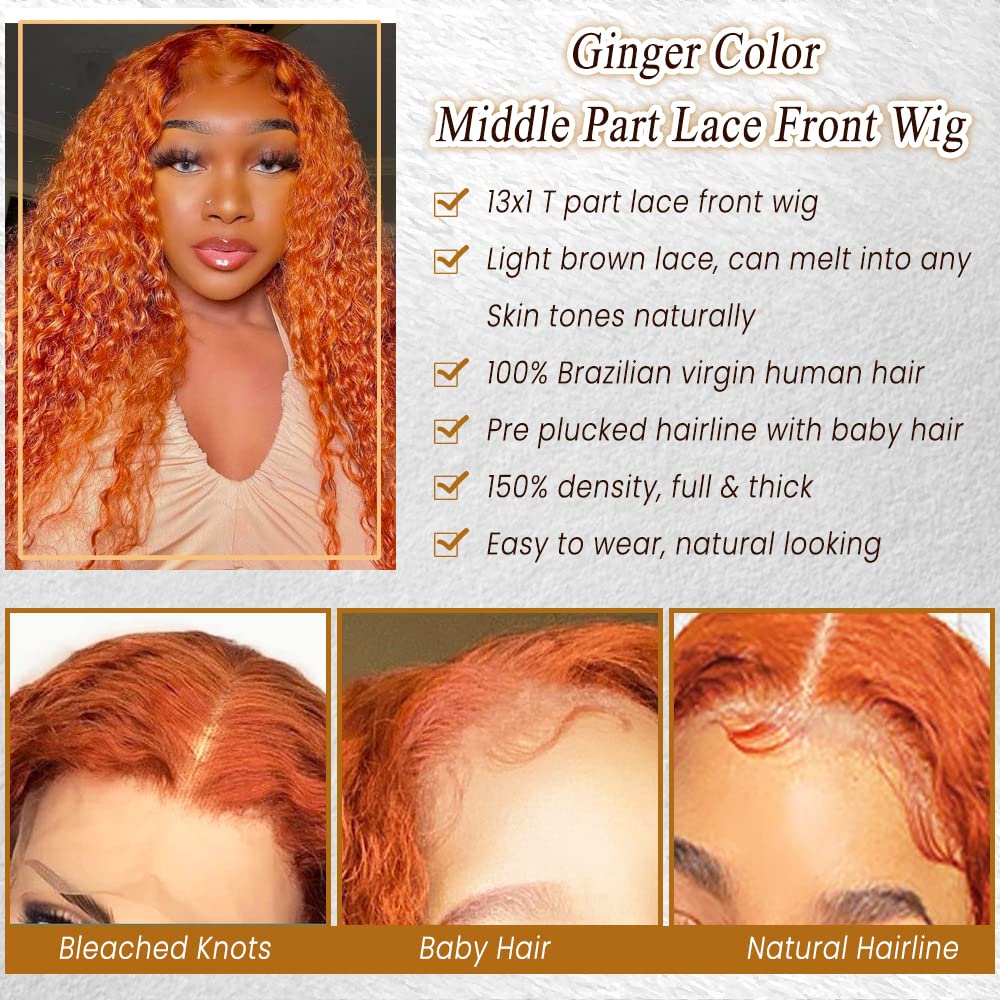 20 Inch Deep Wave Human Hair Wigs Ginger - 4 Inch Deep Parting Lace Front Wig with Pre Plucked Hairline & Baby Hair - 150% Density Bleached Knots Colored Curly Real Human Hair Lace Wig for Women - Perfect for Daily Wear, Cosplay, Parties & Special Occasions