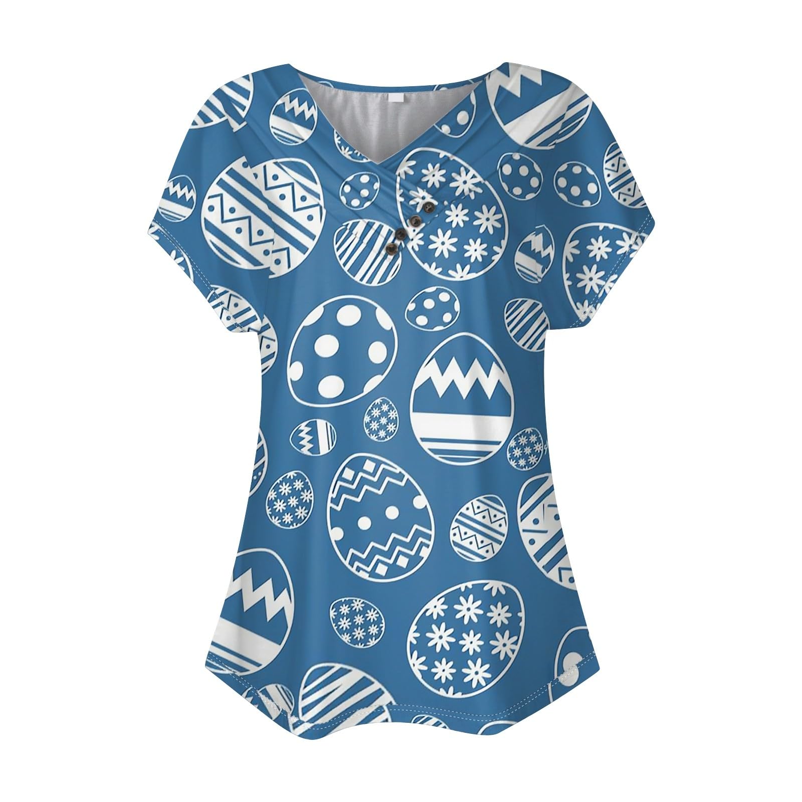 Women's Easter Printed Short Sleeve V-Neck Tunic Top - Casual Summer Button Shirt for Easter Outfits, Brunch & Spring Parties
