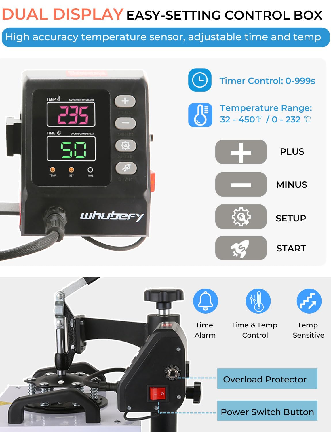 Whubefy 12x10in 650W Digital Heat Press Machine for T-Shirts, Bags, Pillows & Sublimation - Fast Heat-up, Precise Temp Control - Perfect for DIY Crafts & Small Business Printing
