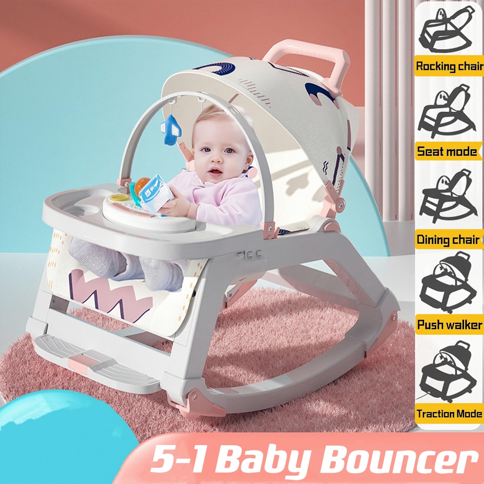 **iFANT 5-in-1 Baby Bouncer & Push Walker Combo - Adjustable Infant to Toddler Rocker Chair with Wheels, Toy Snack Tray & Canopy - Portable for Indoor & Outdoor Use (0-36 Months) - Perfect for Playtime, Travel & Relaxation**