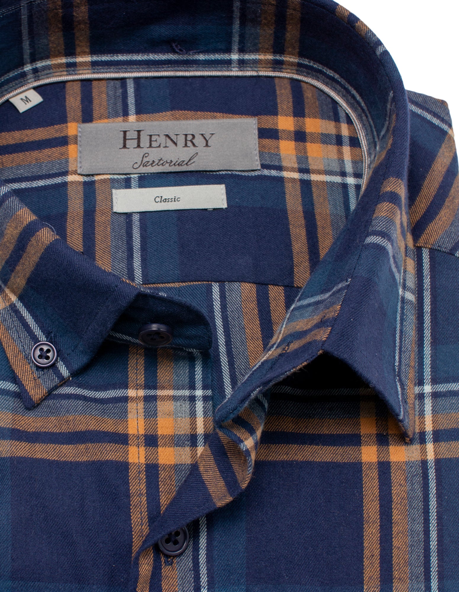 Henry Sartorial Casual Check Button-Down Shirt for Men - Navy & Brown Plaid Flannel Shirt - Perfect for Office, Date Night & Weekend Outings