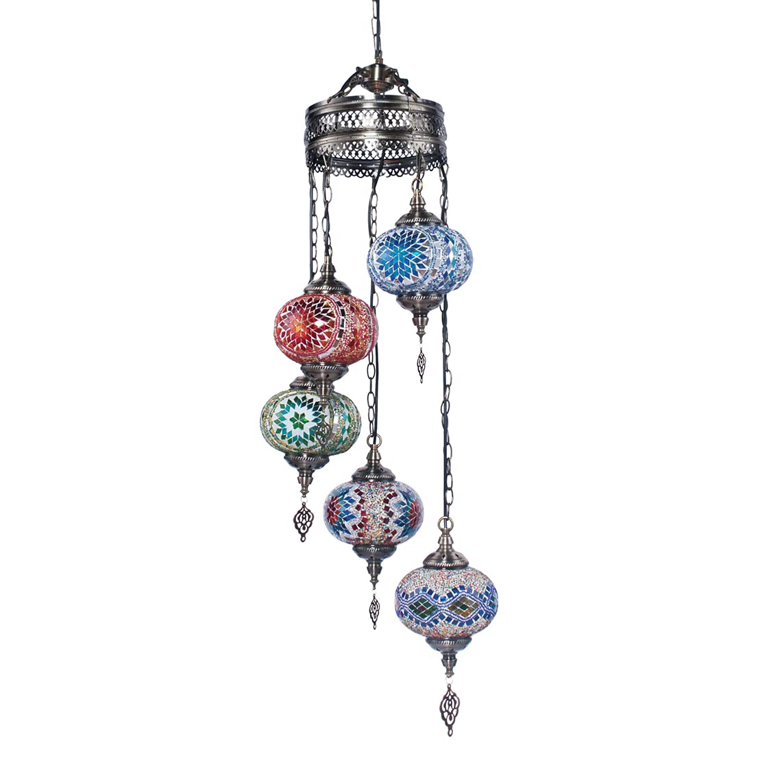 5 Globes Turkish Chandelier Swag Lamp - Handmade Boho Hanging Light Fixture, Moroccan Style Exotic Oriental Home Decor for Living Room, Bedroom & Dining Area (Hard Wired)