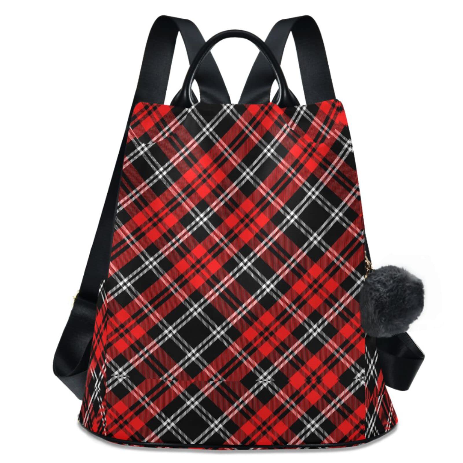 Stylish Plaid Red & Black Anti-Theft Women's Backpack - Lightweight Travel Shoulder Bag for Work, College & Daily Commute | Fashionable Ladies Rucksack with USB Charging Port