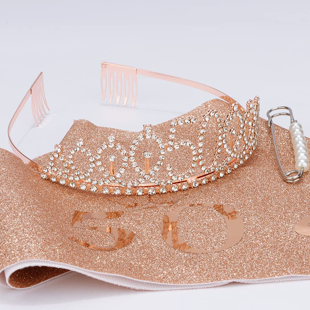 50th Birthday Tiara & Sash Set - Rose Gold Women's 50th Birthday Party Crown & Decorations | Perfect 50th Birthday Gift for Women | Great for Milestone Birthday Celebrations, Photo Shoots & Special Occasions