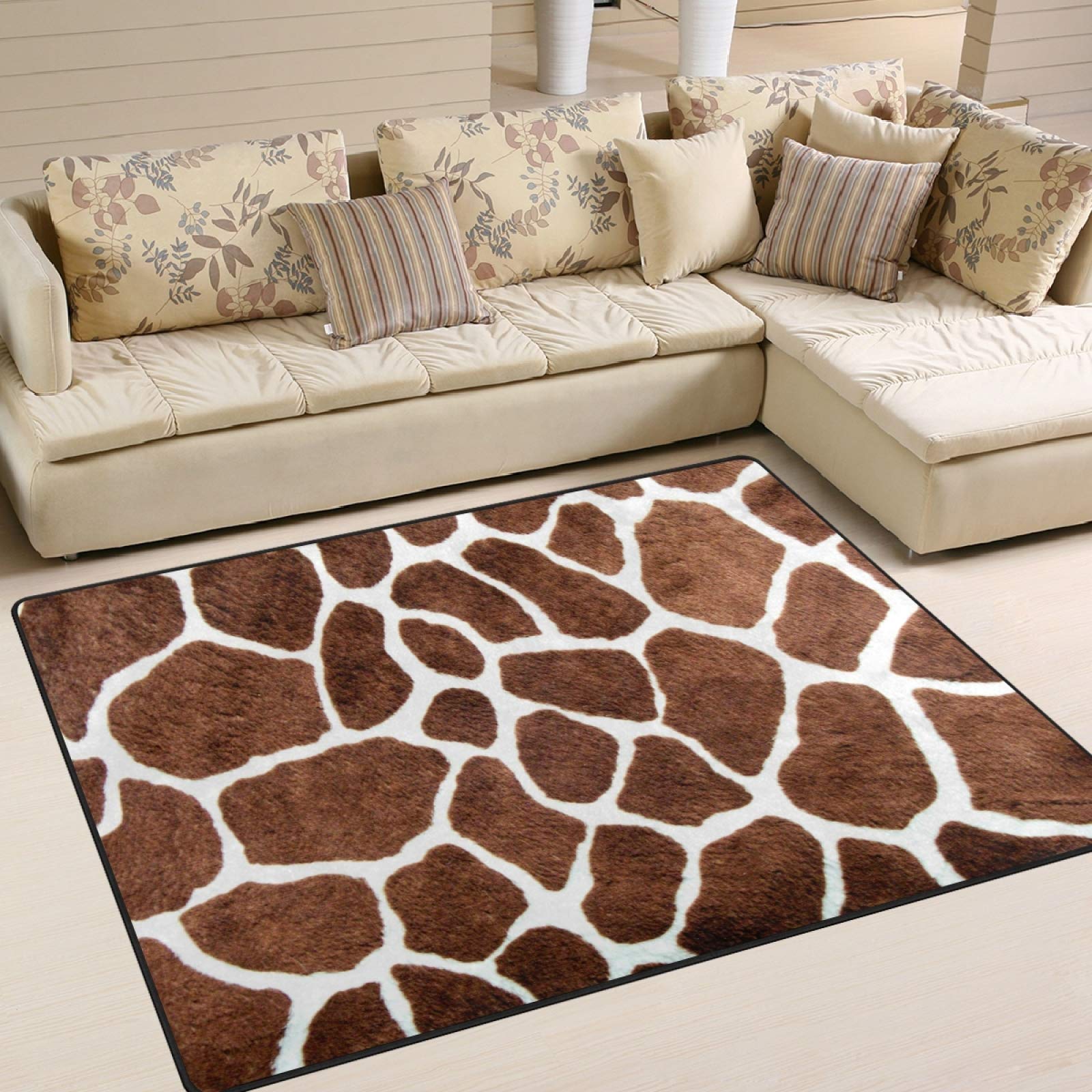 Soft Non-Slip Washable Giraffe Print Area Rug - 5x7 Feet Extra Large Animal Skin Design Floor Carpet for Living Room, Bedroom & Nursery Decor