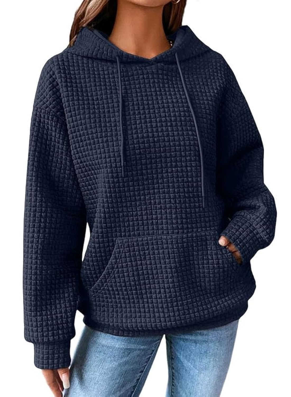 SHEWIN Women's Casual Long Sleeve Waffle Pullover Hoodie - Loose Fit Drawstring Hooded Sweatshirt with Pocket | Cozy Fall Outfits, Lounge Wear & Street Style Fashion