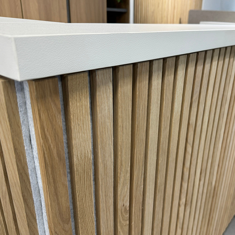 KENTO 240cm Modern Reception Desk - Timber Slat Acoustic Panel Design in White & Oak Finish - Perfect for Office Lobby, Hotel Front Desk, and Corporate Waiting Areas