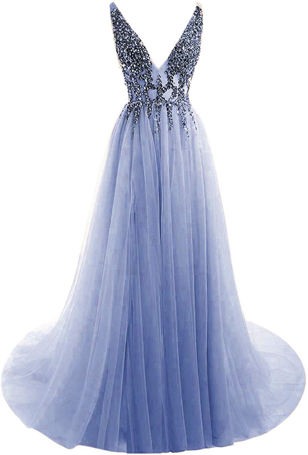 Elegant Beaded V-Neck Tulle Prom Dress with High Slit for Women | Formal Evening Gown for Homecoming, Wedding, Party & Special Occasions