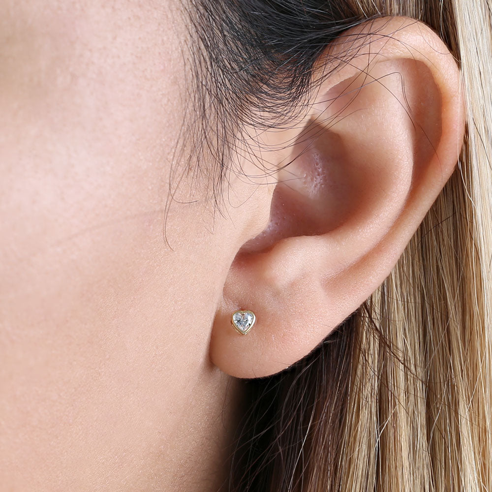 14K Solid Yellow Gold 3MM Heart Cut Clear Cubic Zirconia Stud Earrings for Women - Perfect Gift for Valentine's Day, Anniversary & Special Occasions