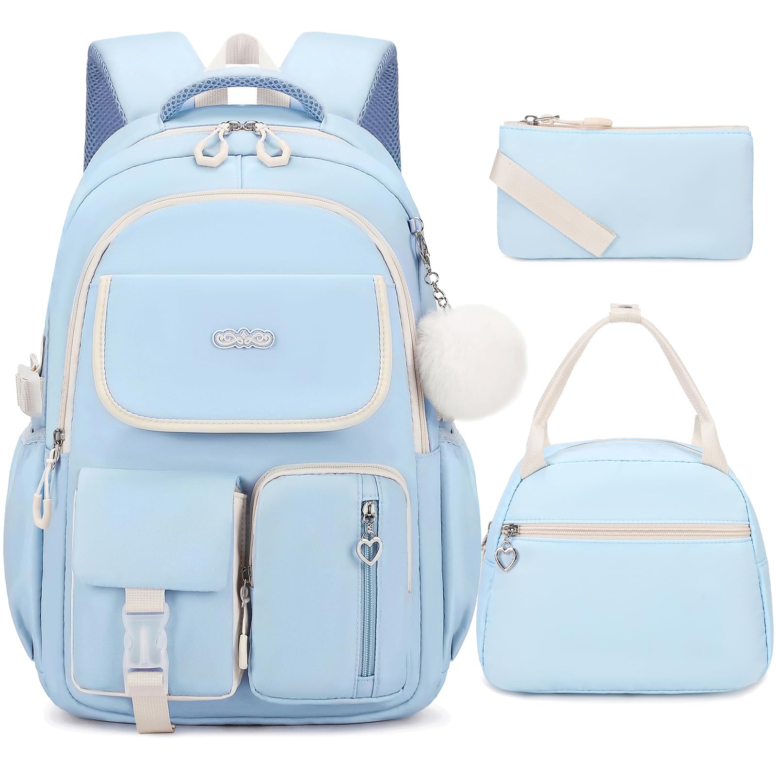 **3-Piece Girls' School Backpack Set with Lunch Box & Pencil Pouch - Durable Bookbag for Elementary, Middle, High School & College - Perfect for Travel & Daily Use (Blue)**