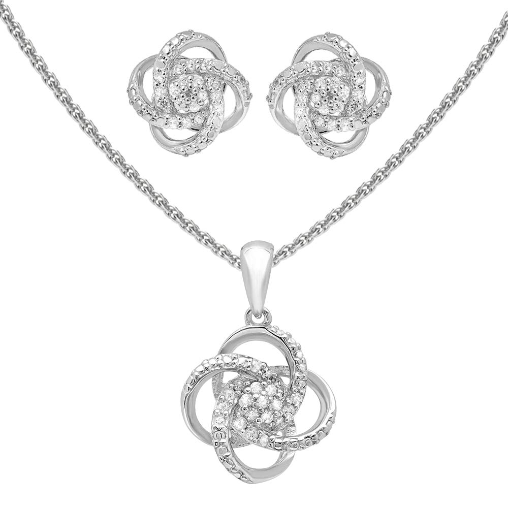 925 Sterling Silver 1/4 CT Diamond Love Knot Necklace & Earrings Set for Women - Valentine's Day Jewelry Gift - 18