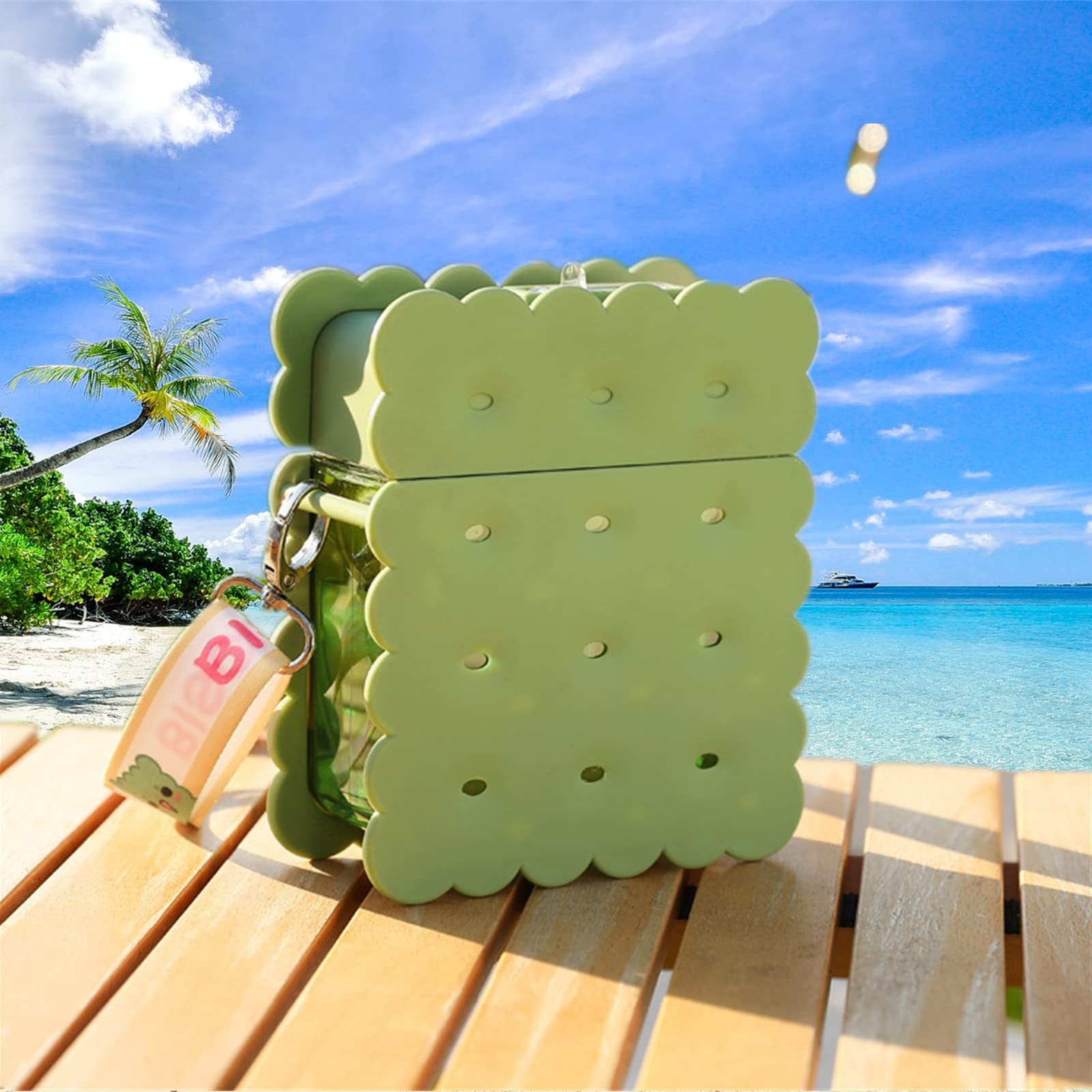 Kids Leakproof Straw Water Bottle - Kawaii Biscuit Shaped BPA-Free Plastic Drinking Cup with Adjustable Strap for School, Sports, Camping & Outdoor Activities | Cute Green Juice Bottle for Boys & Girls