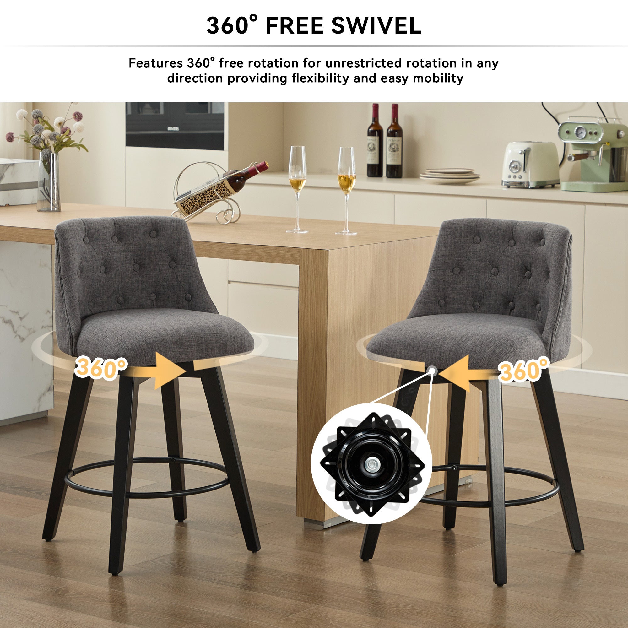 Modern 25' Swivel Bar Stools Set of 2 - Counter Height Stools with Linen Upholstery & Button Tufted Back, Solid Wood Frame for Kitchen Island, Home Bar or Breakfast Nook - Perfect for Entertaining Guests or Casual Dining