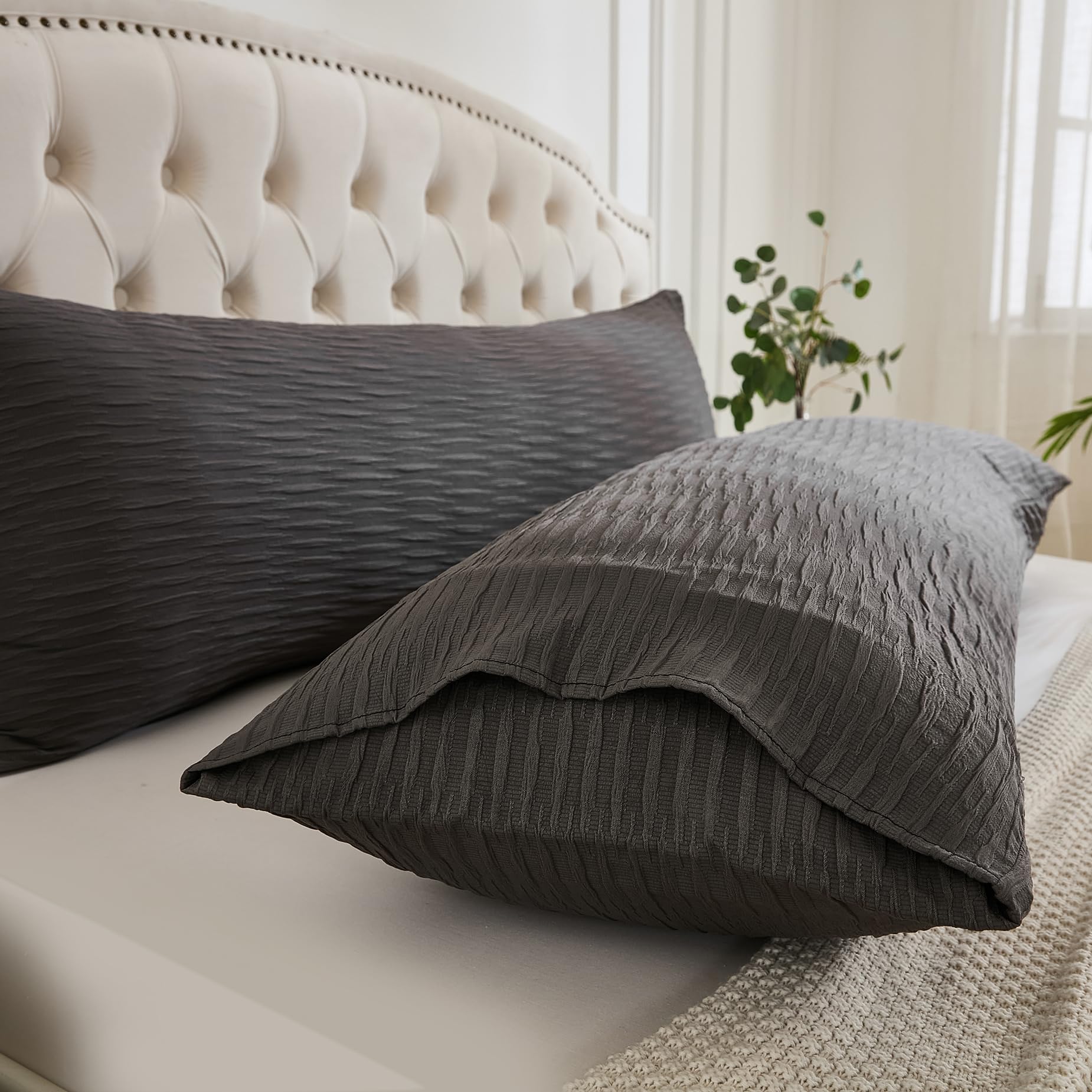 Seersucker Crinkle Textured Body Pillow Covers - 2 Pack Soft Lightweight All-Season Pillow Cases (20x54 Inches, Gray) for Bedroom, Couch, Sofa & Travel Comfort